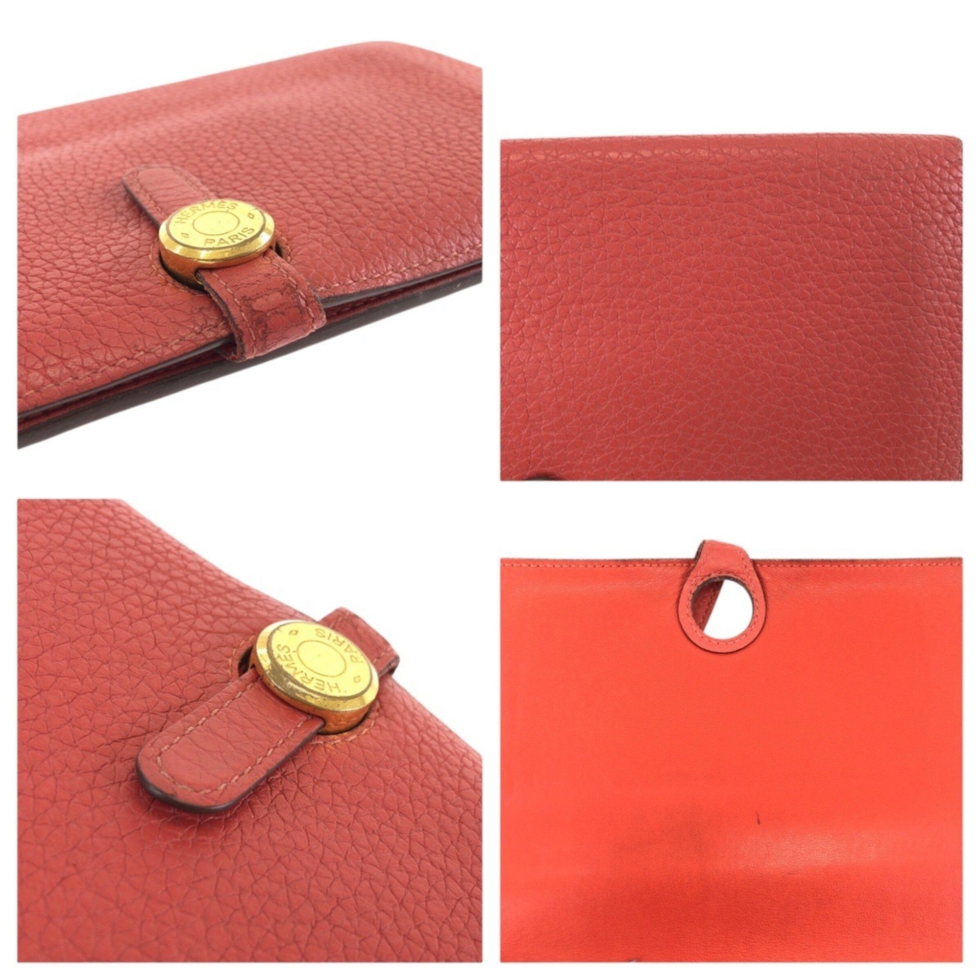 Hermes Red Color Togo Leather Long Wallet (Bi-Fold) (Pre-Owned)