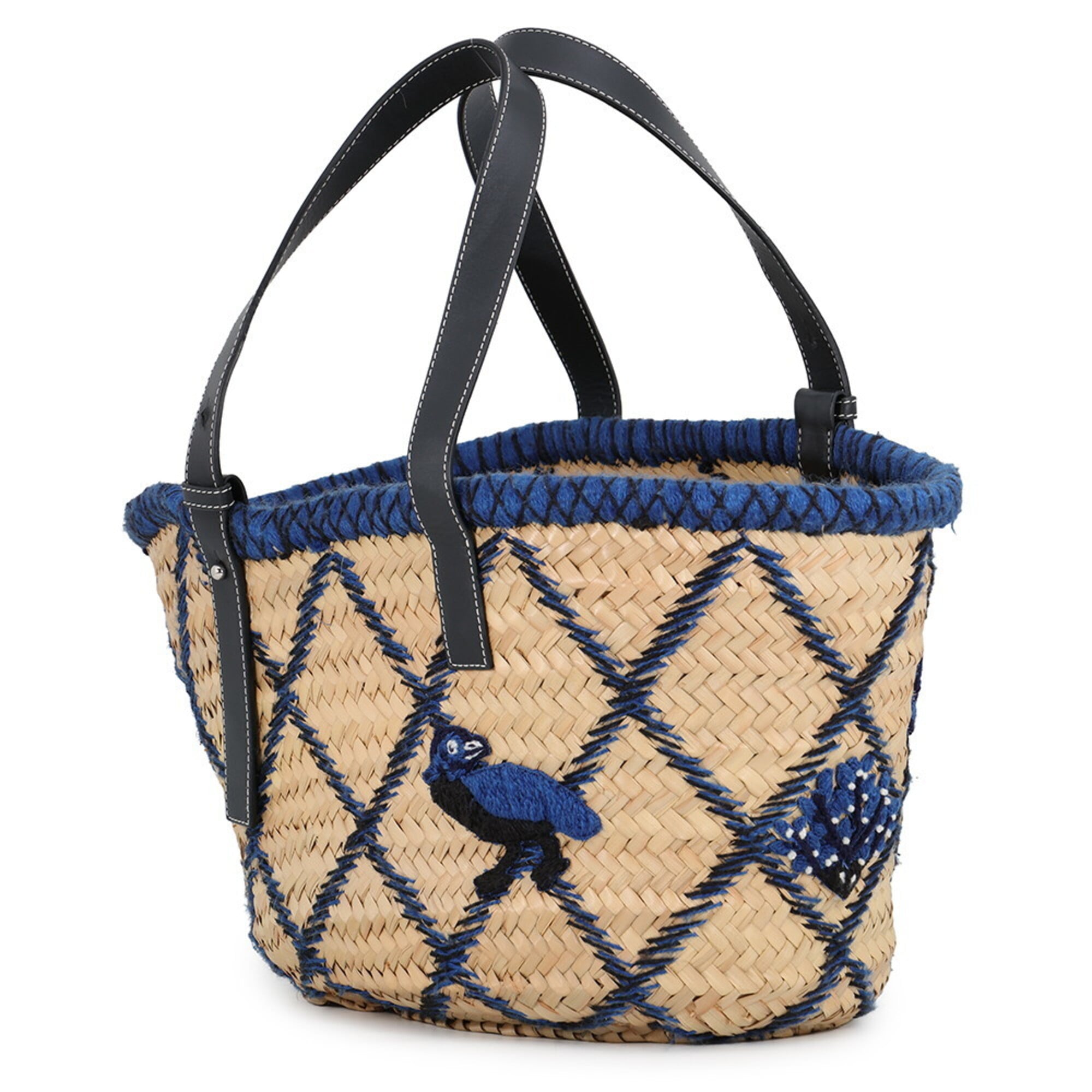 Loewe Beige Blue Navy Raffia Leather Basket Handbag (Pre-Owned)