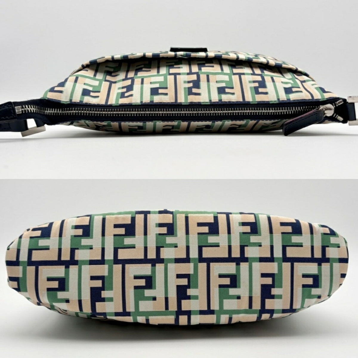 Fendi Beige Green Ivory Navy Zucca Nylon Canvas Leather Shoulder Bag (Pre-Owned)