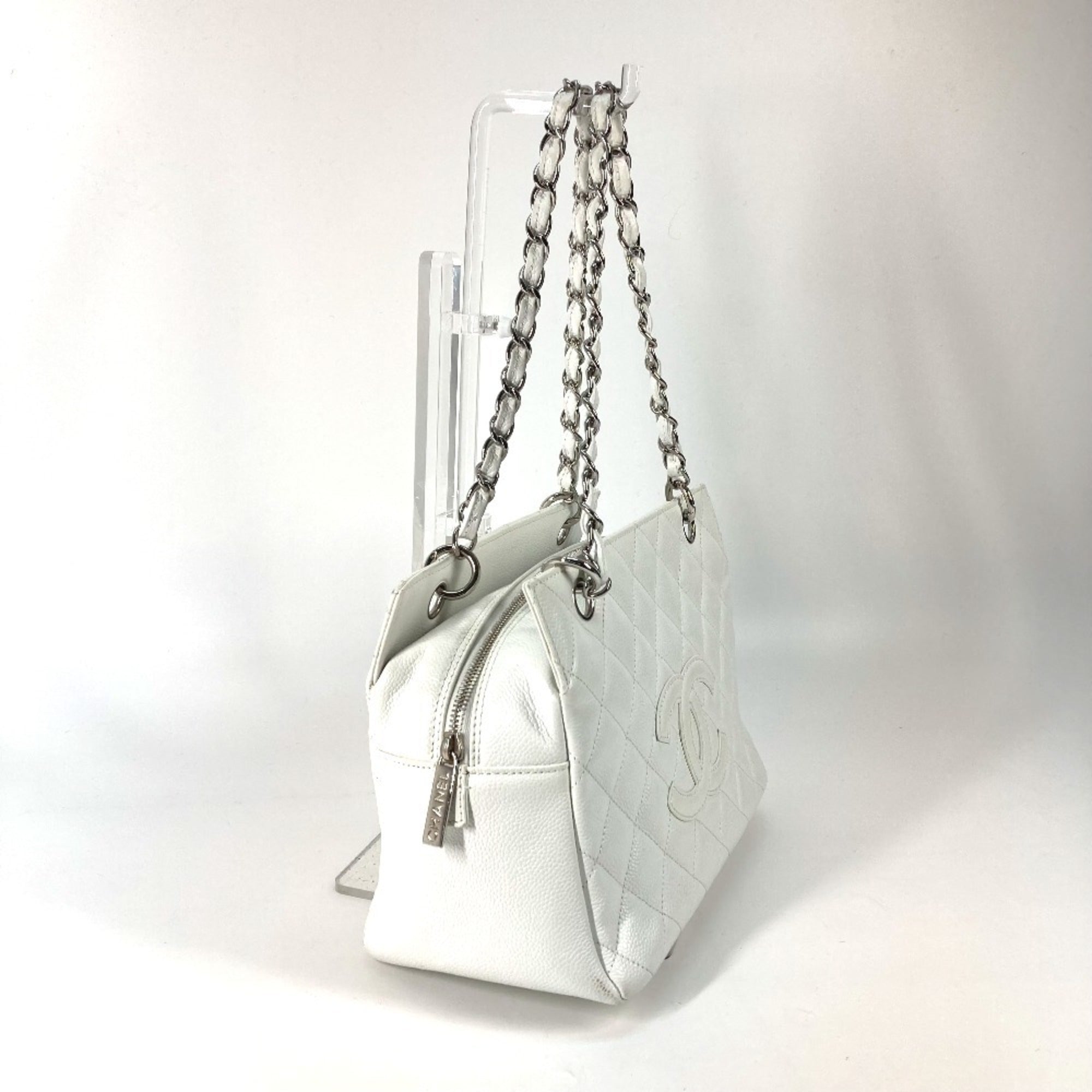 Chanel Matelasse Silver White Caviar Leather Shoulder Bag Tote Bag (Pre-Owned)