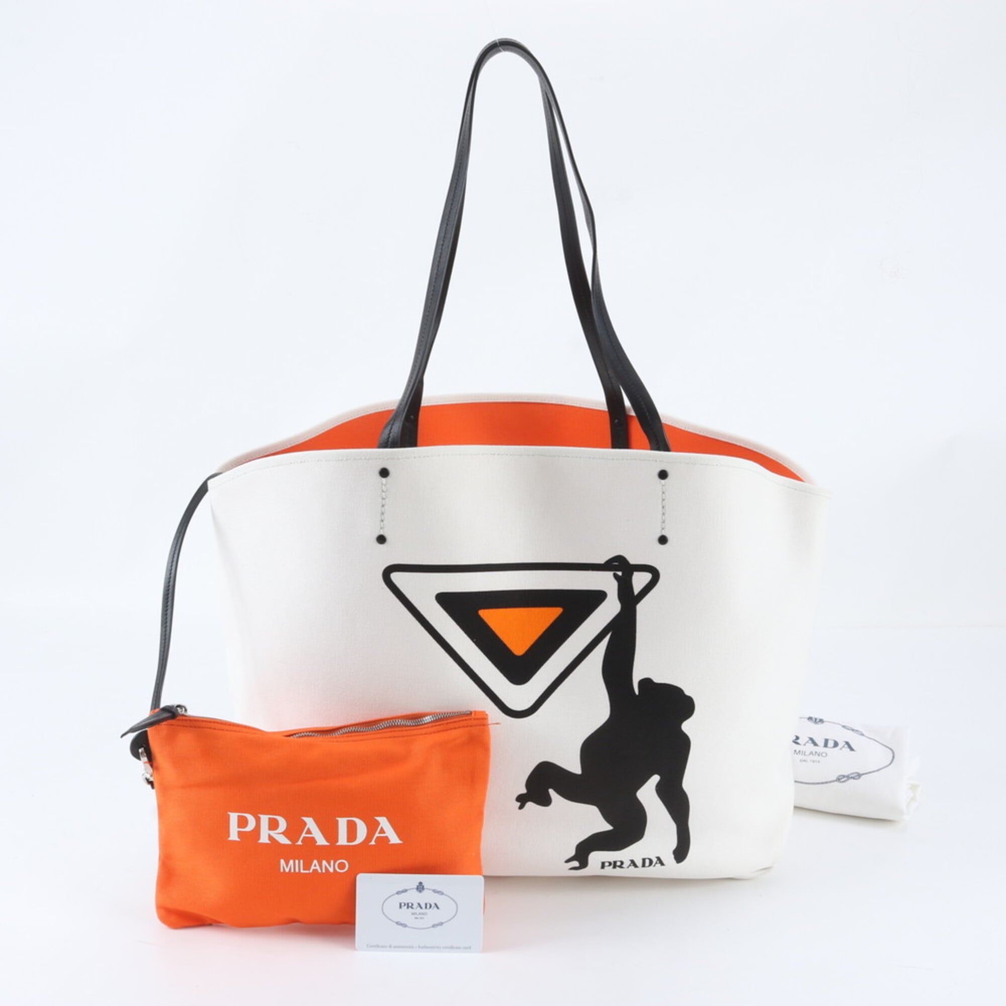 Prada Black Orange White Leather Canvas Handbag Pouch Tote Bag (Pre-Owned)