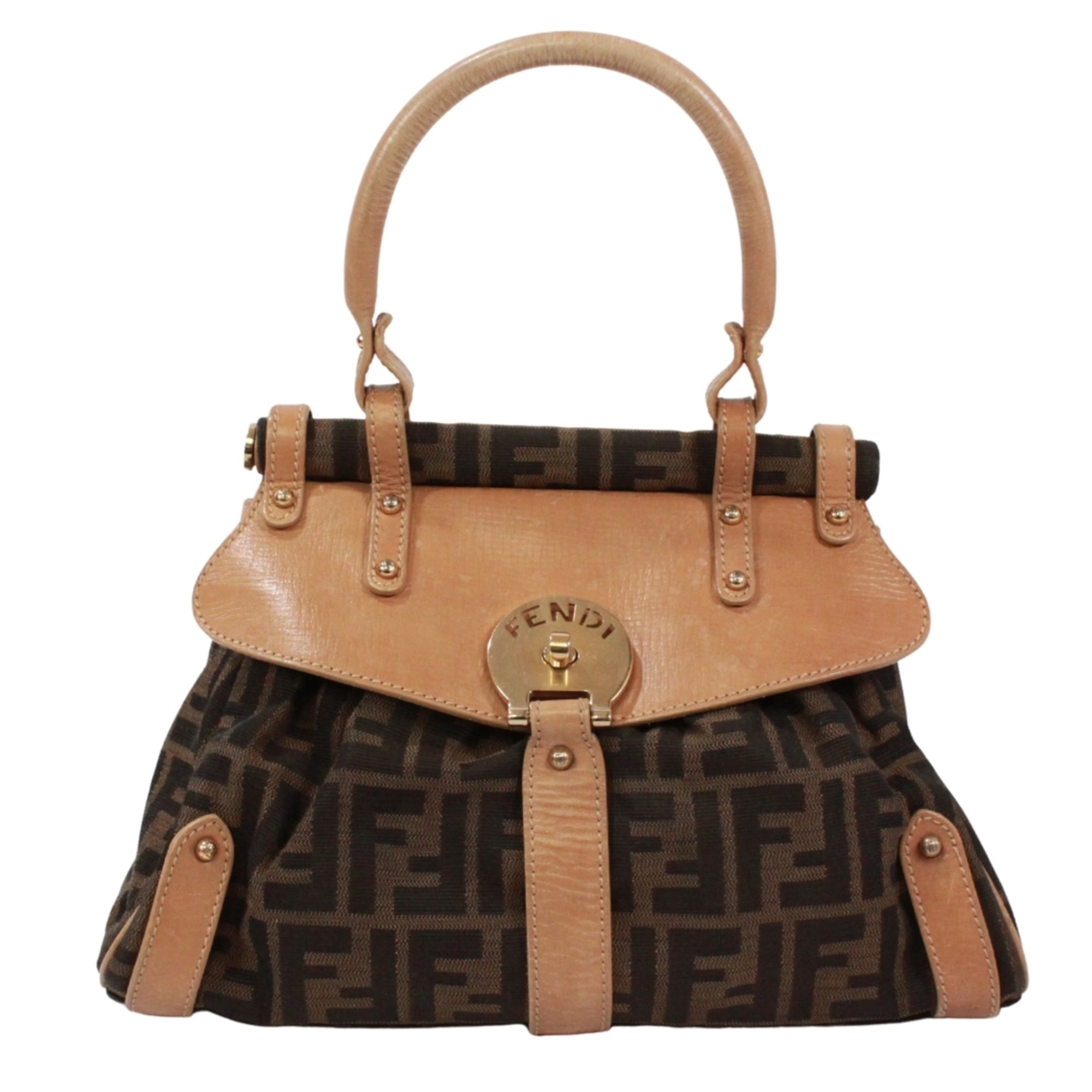 Fendi Beige Brown Canvas Leather Handbag (Pre-Owned)