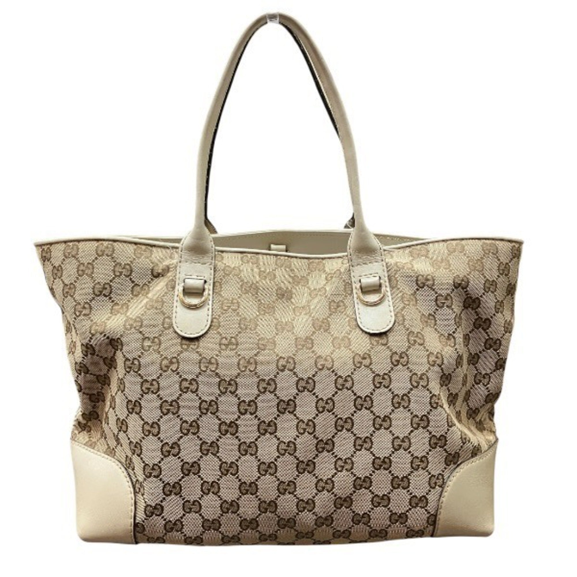 Gucci Beige White Canvas Leather Handbag Tote Bag (Pre-Owned)