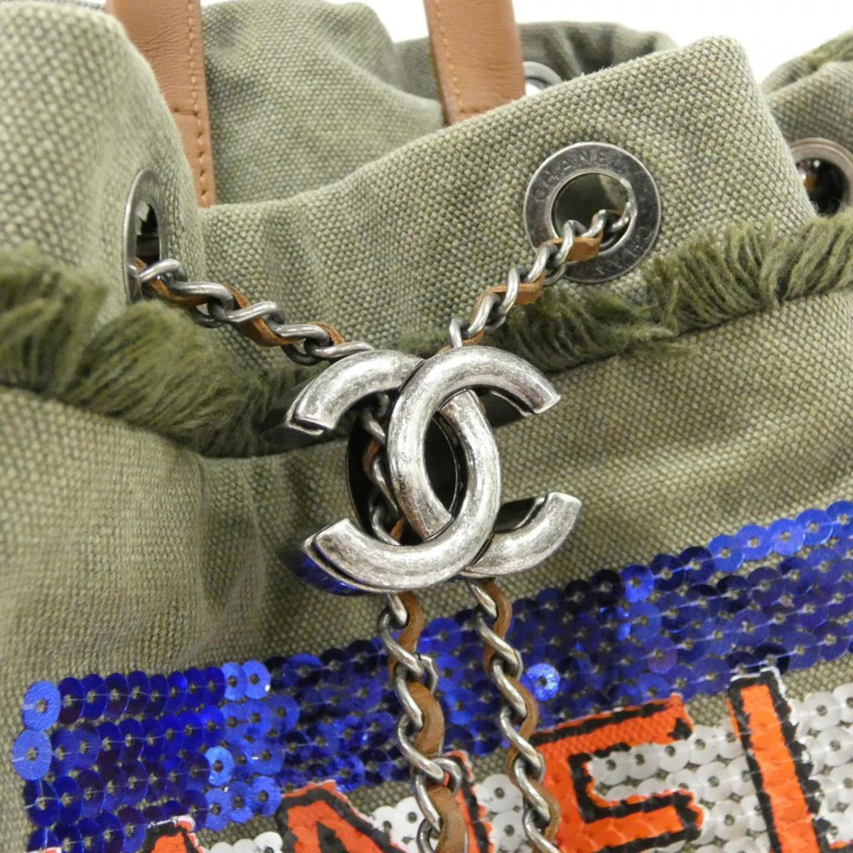 Chanel Blue Khaki Red Color Canvas Spangles Backpack (Pre-Owned)