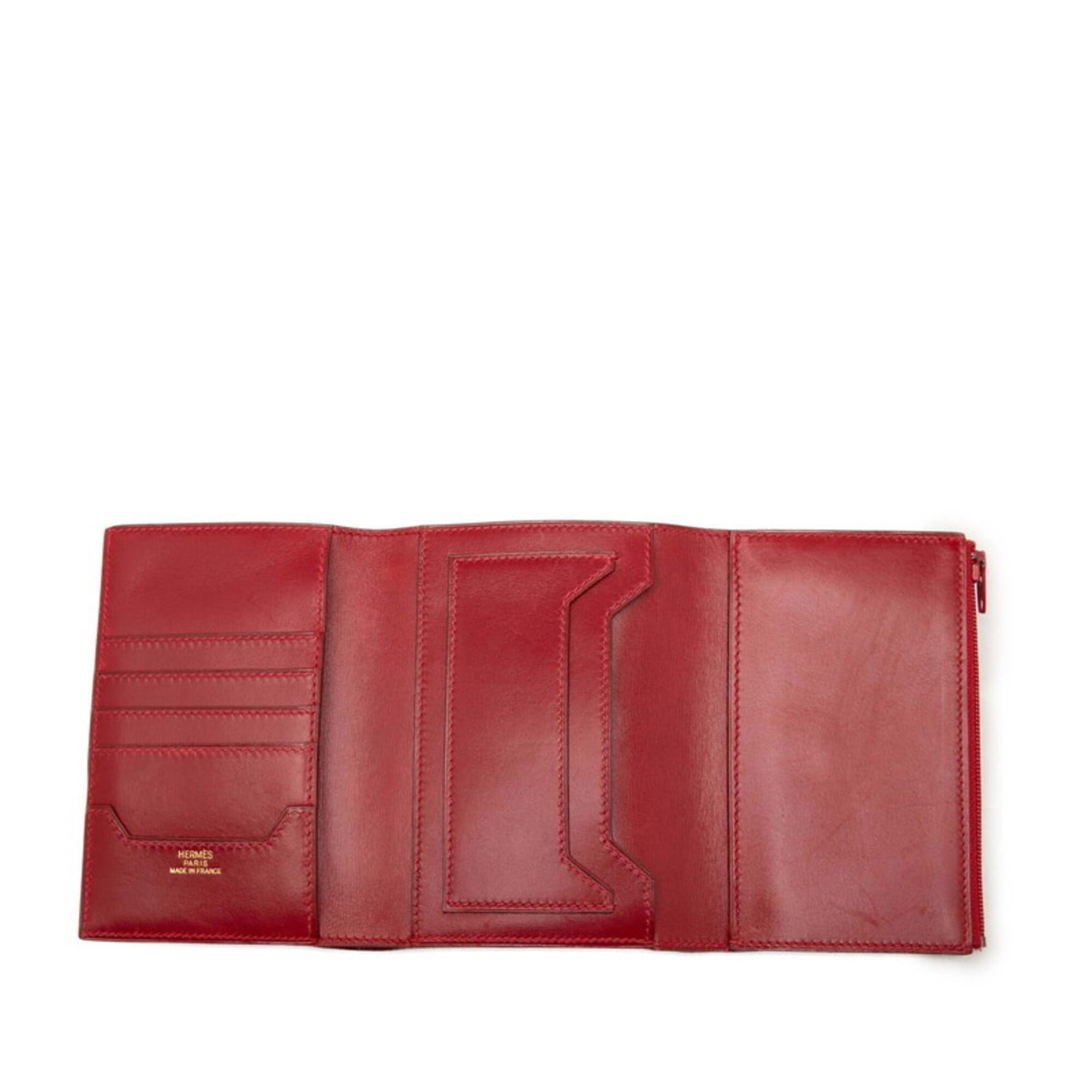 Hermes Red Color Box Calf Leather Wallet (Tri-Fold) (Pre-Owned)