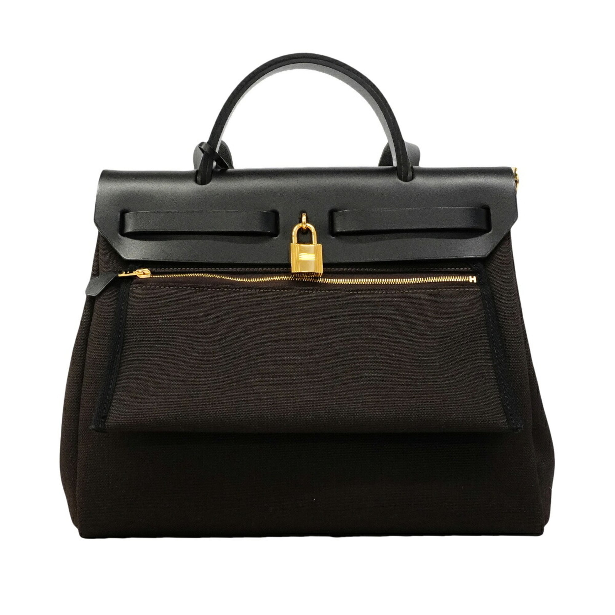 Hermes Black Brown Toile Officier Handbag (Pre-Owned)