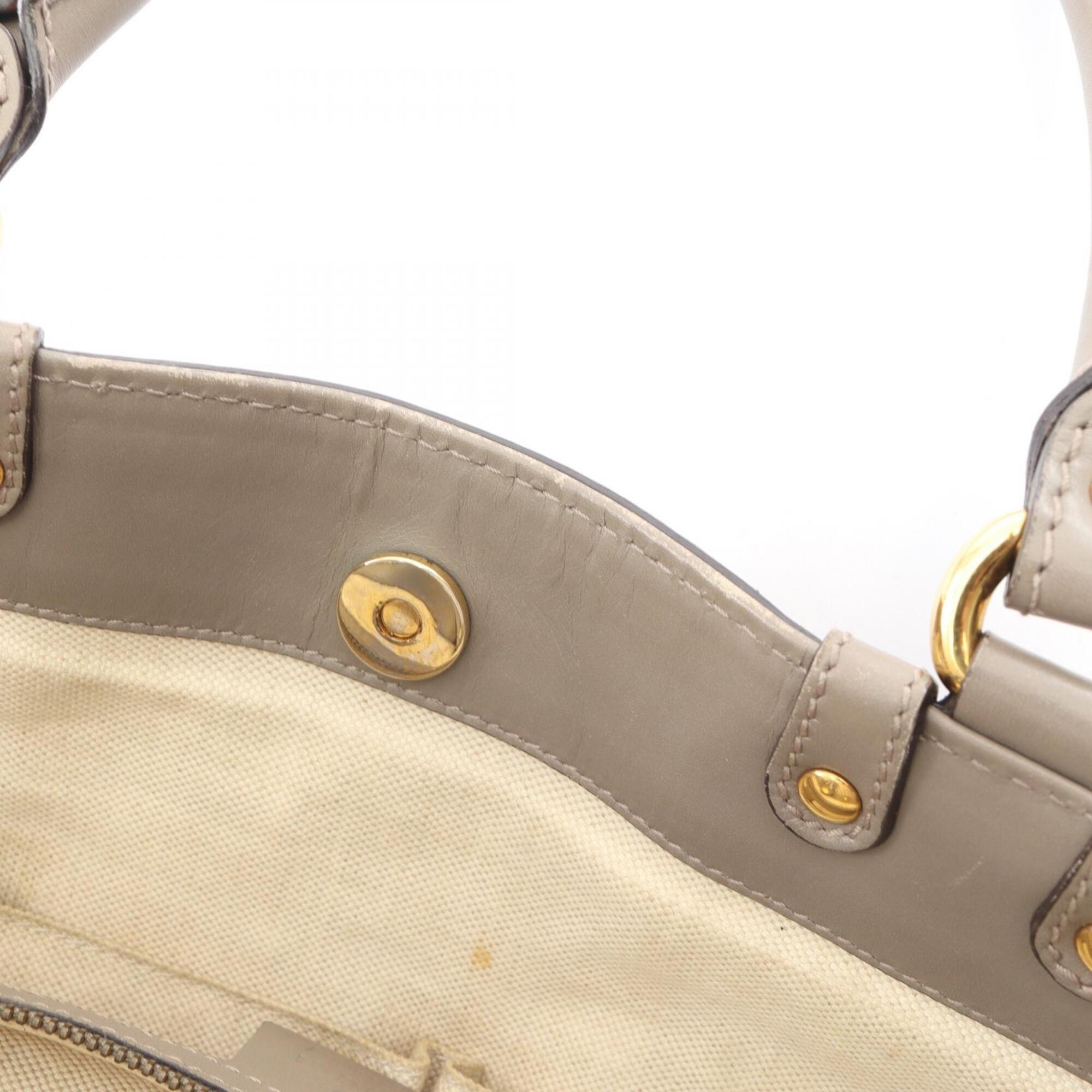 Gucci Beige Gray Canvas Leather Tote Bag (Pre-Owned)
