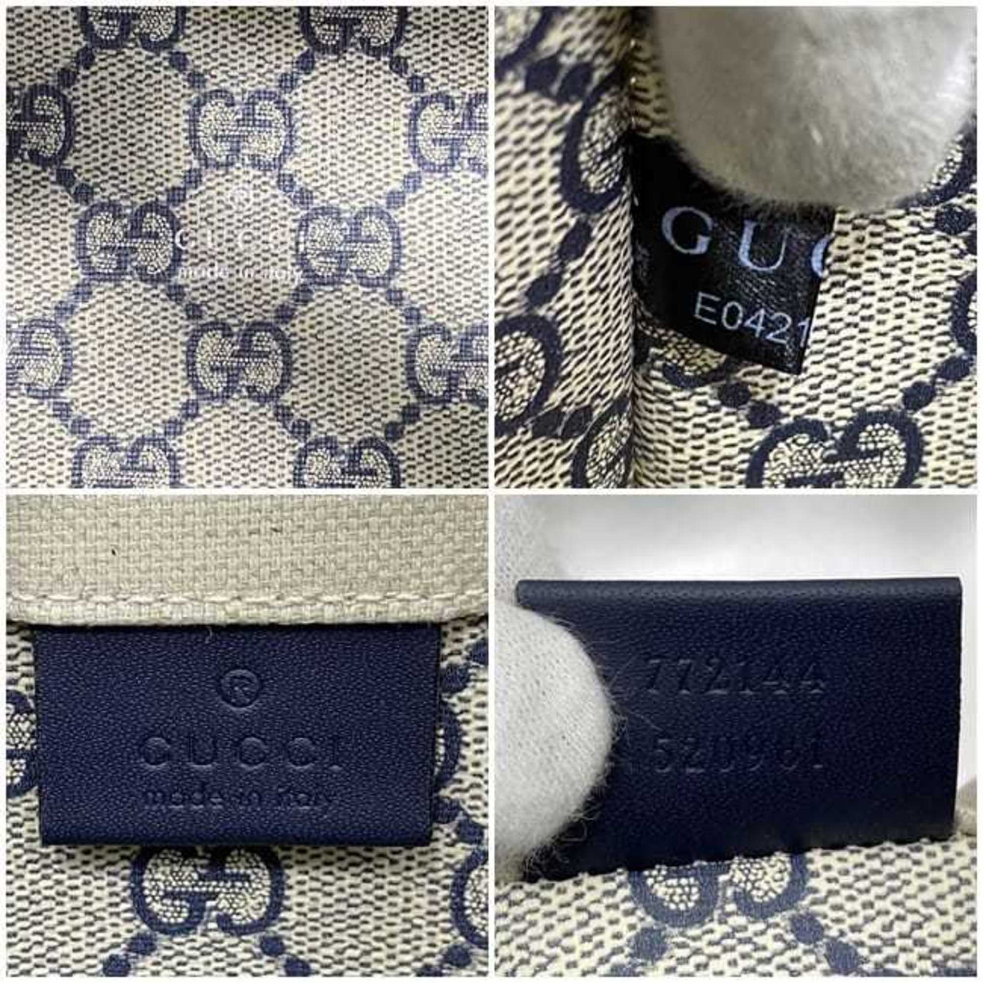 Gucci Beige Navy Canvas Leather Handbag Shoulder Bag Tote Bag (Pre-Owned)