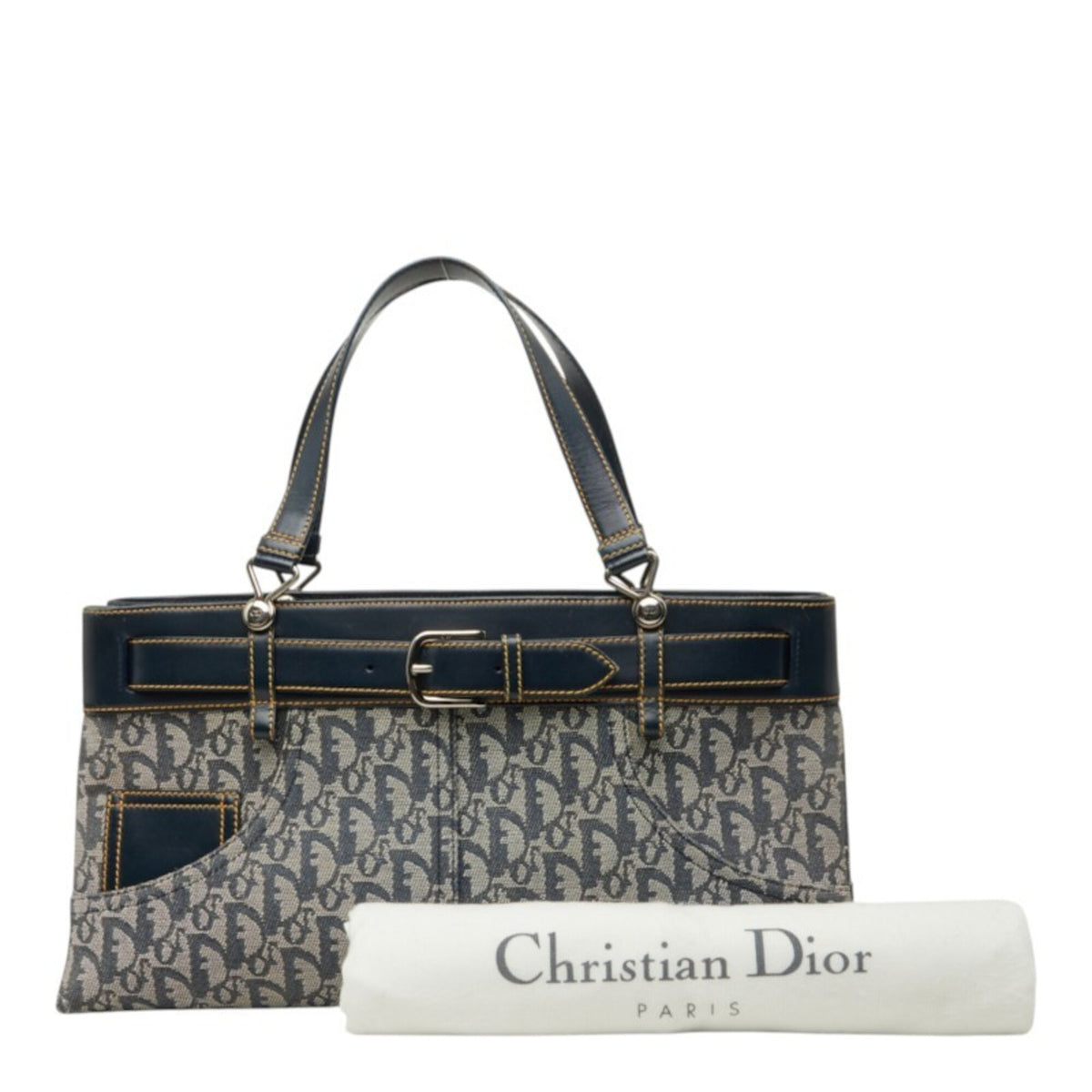 Christian Dior Trotter Navy Leather Jacquard Handbag (Pre-Owned)