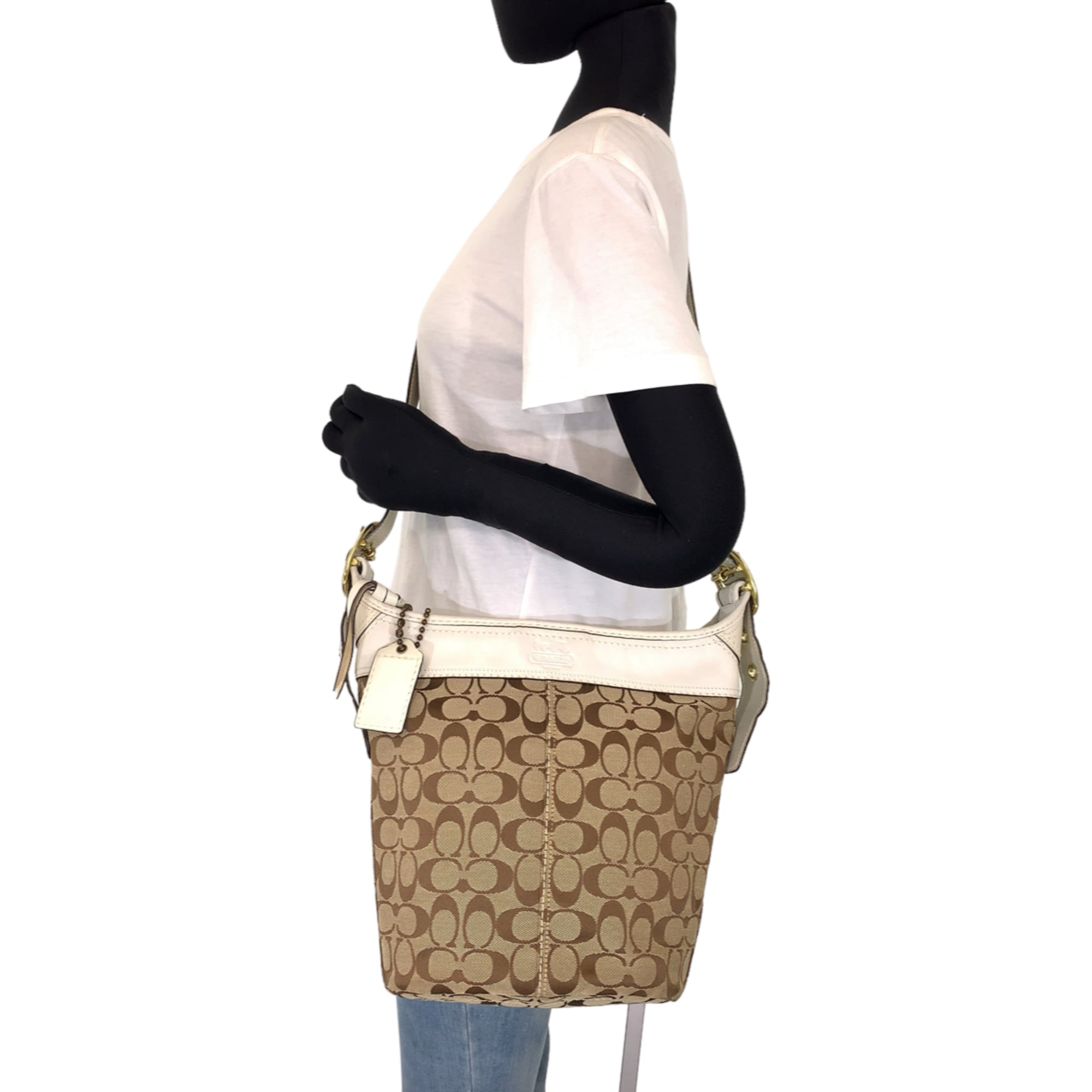 Coach Beige White Canvas Leather Shoulder Bag (Pre-Owned)
