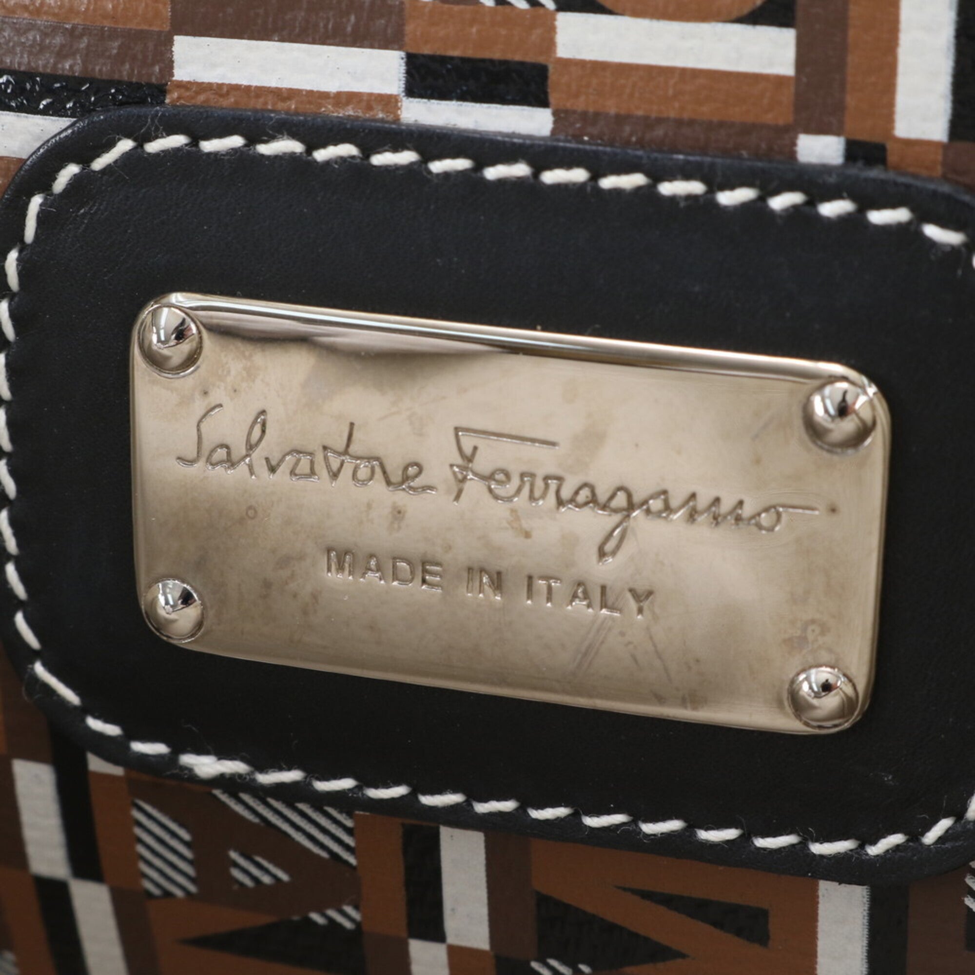 Salvatore Ferragamo Brown Leather Coated Canvas Shoulder Bag Tote Bag (Pre-Owned)