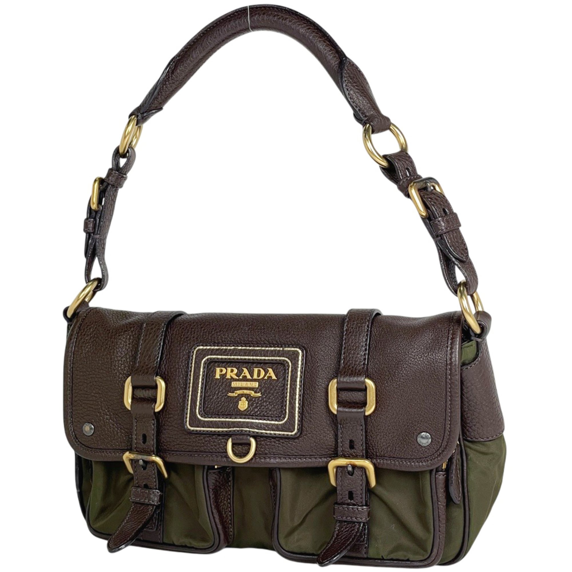 Prada Beige Green Nylon Leather Shoulder Bag (Pre-Owned)