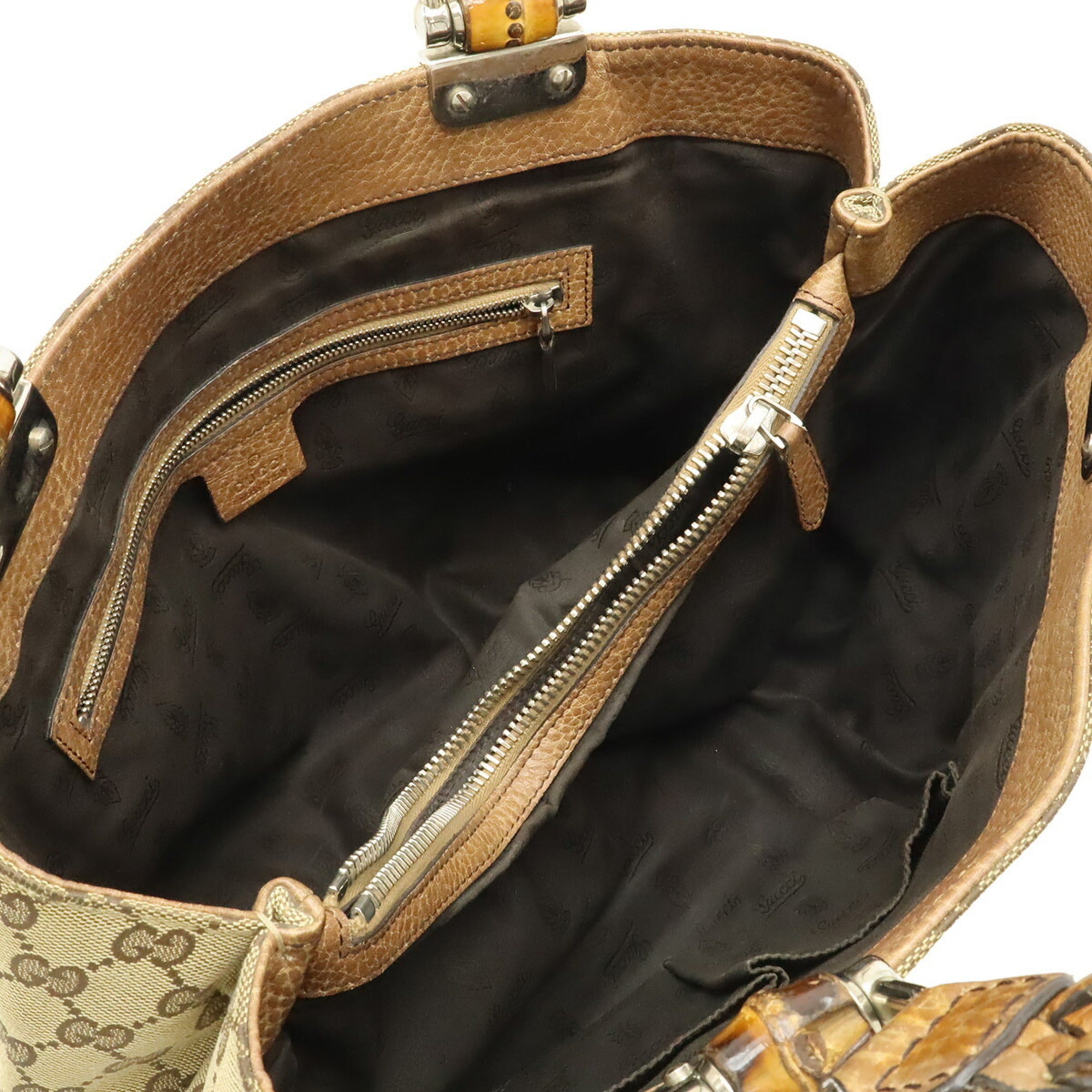 Gucci Beige Brown Canvas Leather Shoulder Bag Tote Bag (Pre-Owned)