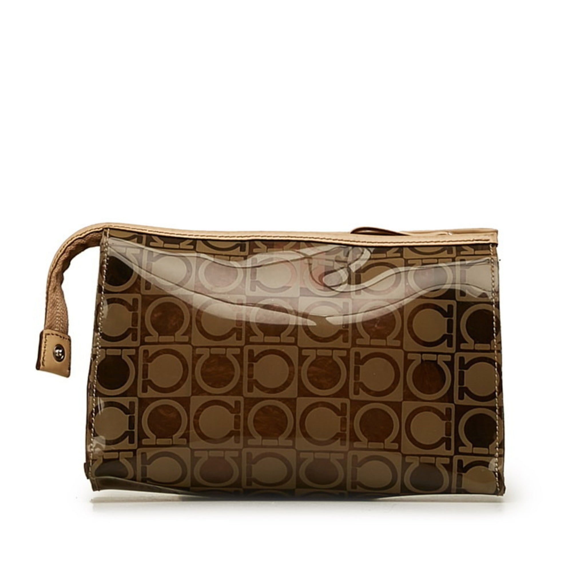 Salvatore Ferragamo Gancini Beige Brown Vinyl Pouch (Pre-Owned)