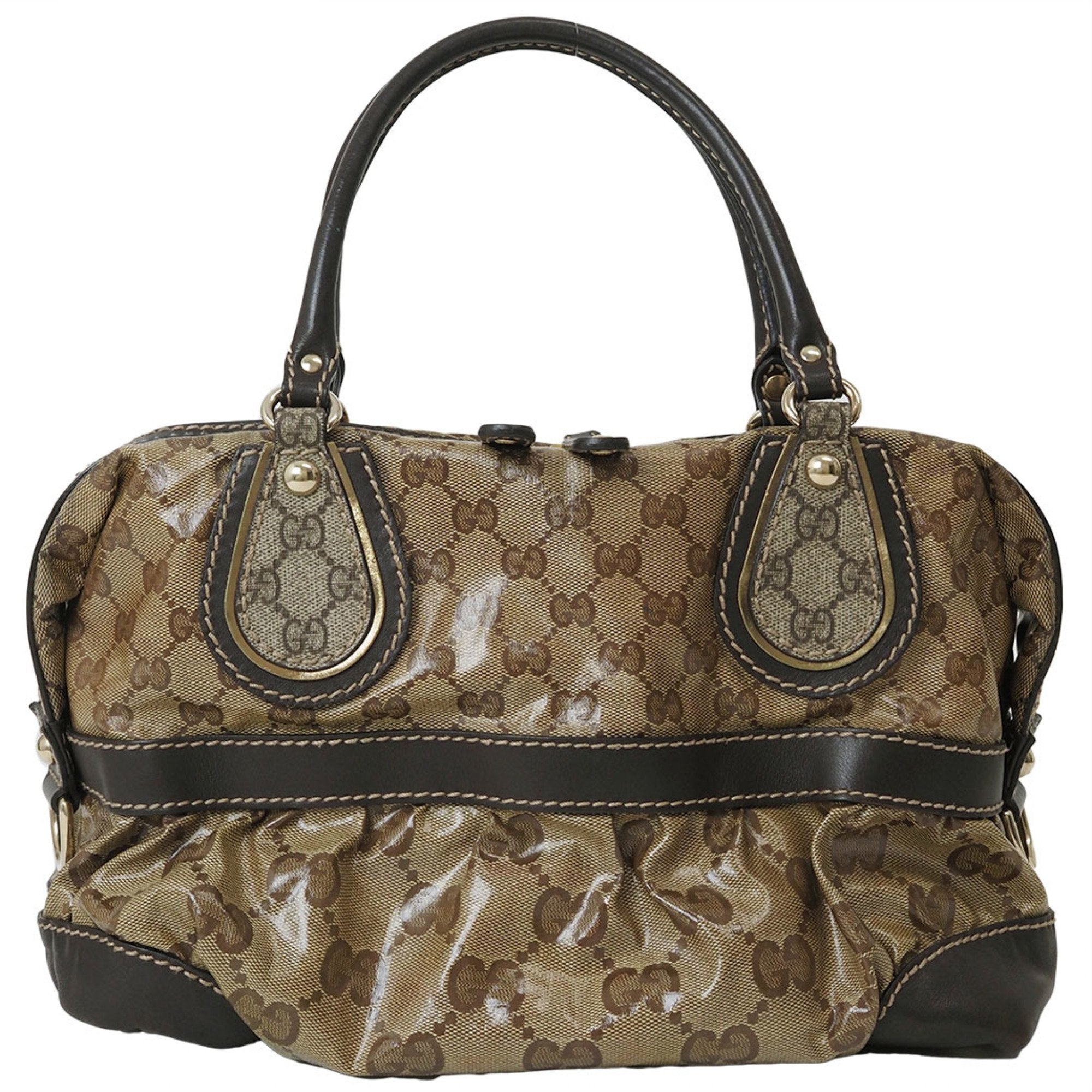 Gucci Gg Crystal Beige Dark Brown Pvc Leather Boston Bag Handbag (Pre-Owned)