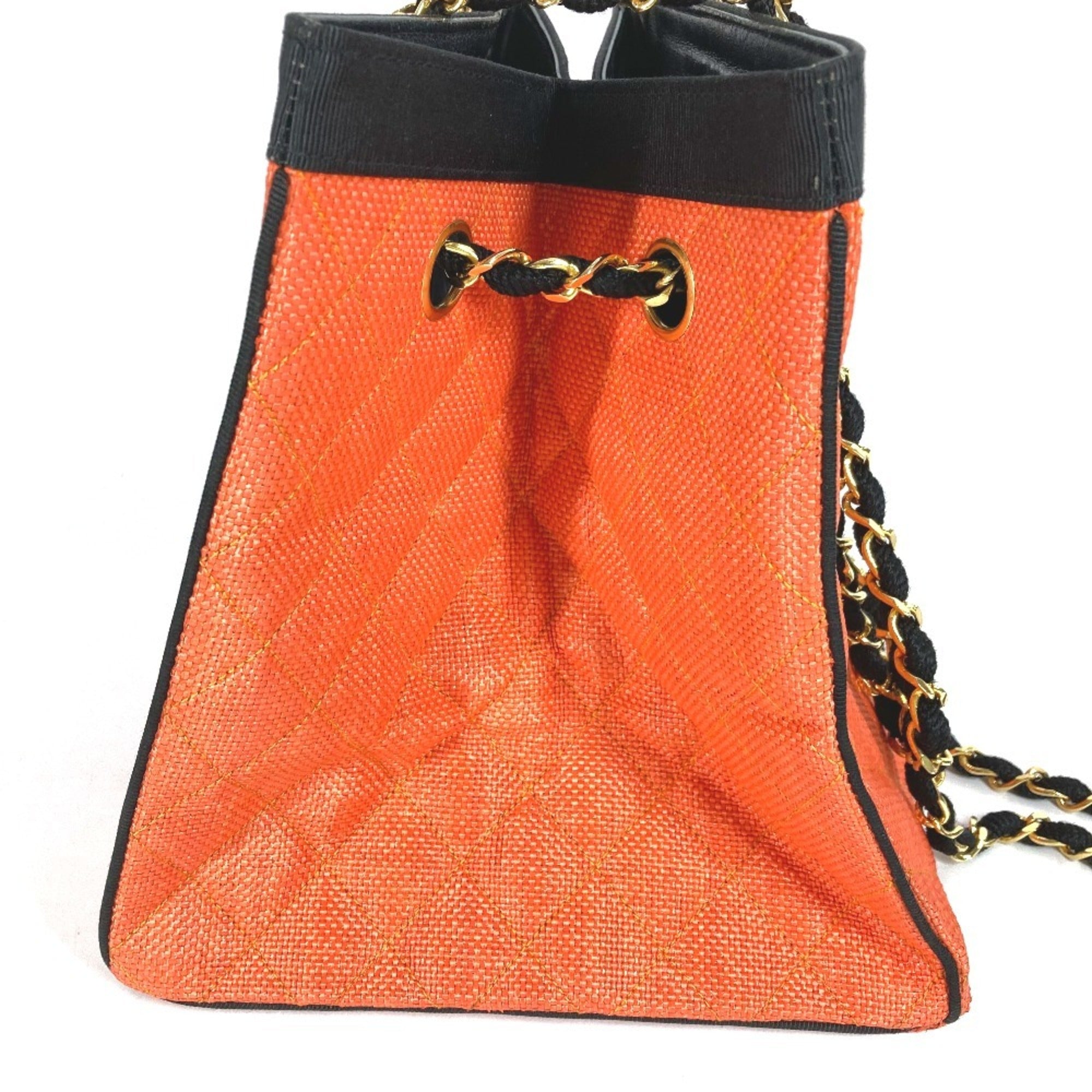 Chanel Matelasse Black Orange Straw Leather Shoulder Bag Tote Bag (Pre-Owned)