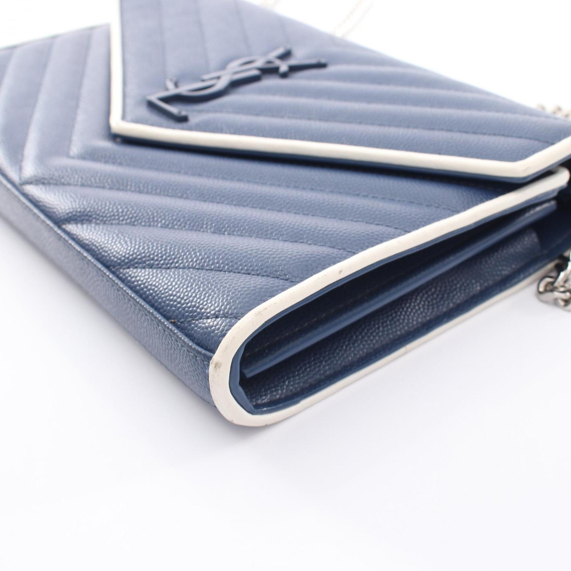 Yves Saint Laurent Navy White Leather Handbag Shoulder Bag (Pre-Owned)