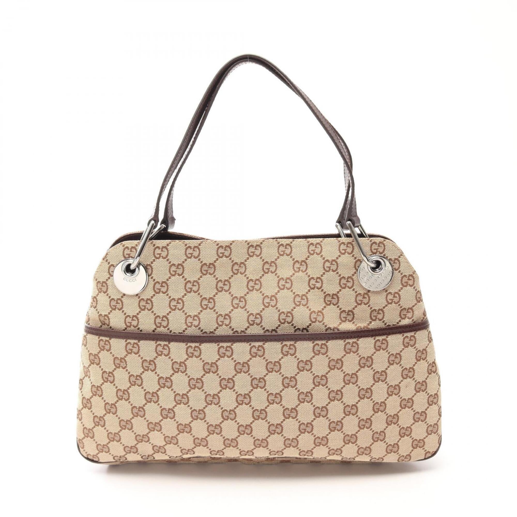 Gucci Beige Brown Leather Canvas Handbag Shoulder Bag (Pre-Owned)