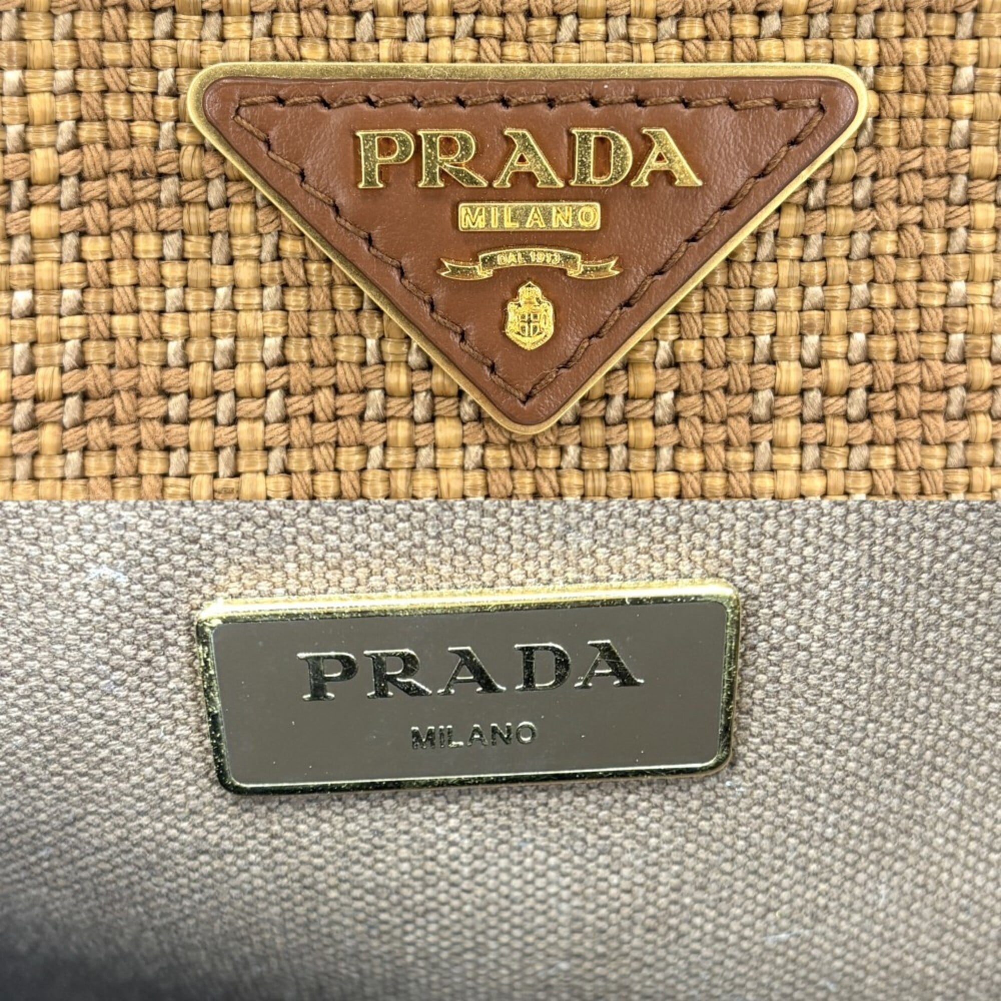 Prada Brown Canvas Straw Handbag Shoulder Bag (Pre-Owned)