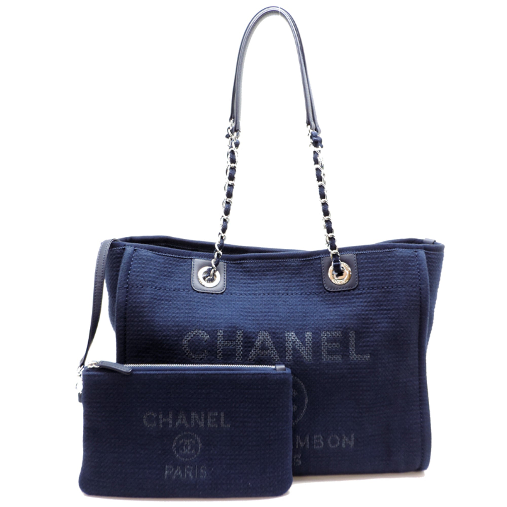 Chanel Navy Canvas Leather Pouch Shoulder Bag (Pre-Owned)