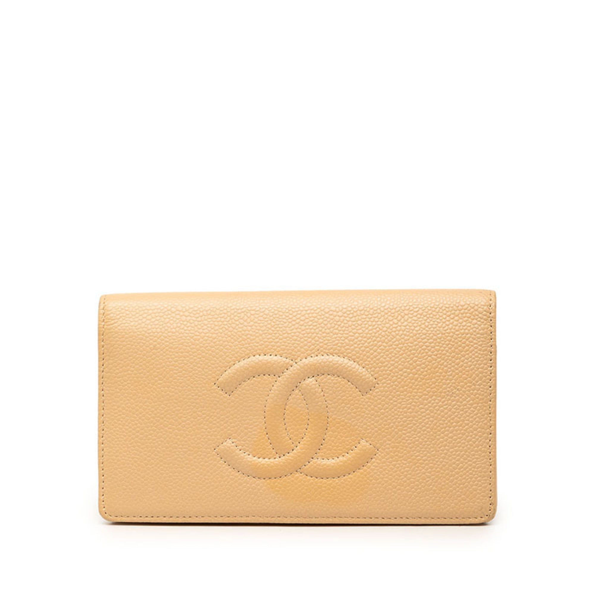 Chanel Beige Grained Calfskin Long Wallet (Bi-Fold) (Pre-Owned)