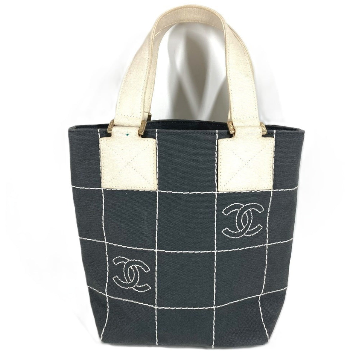Chanel Gray White Canvas Handbag Tote Bag (Pre-Owned)