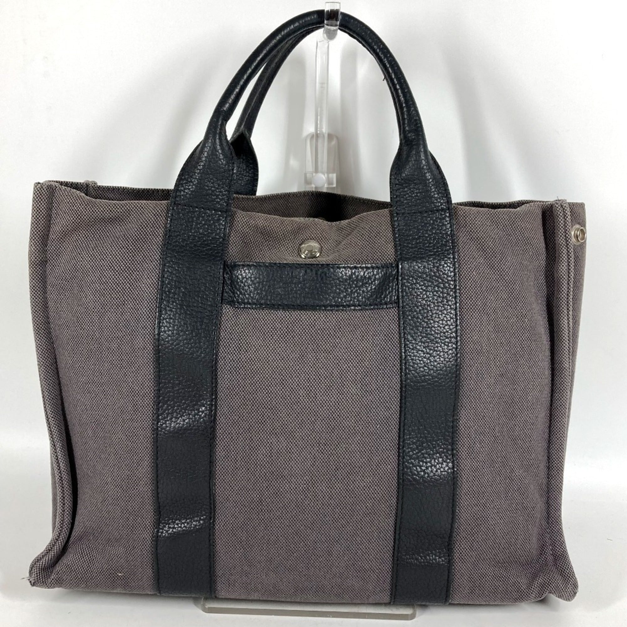 Hermes Black Gray Leather Canvas Handbag Tote Bag (Pre-Owned)