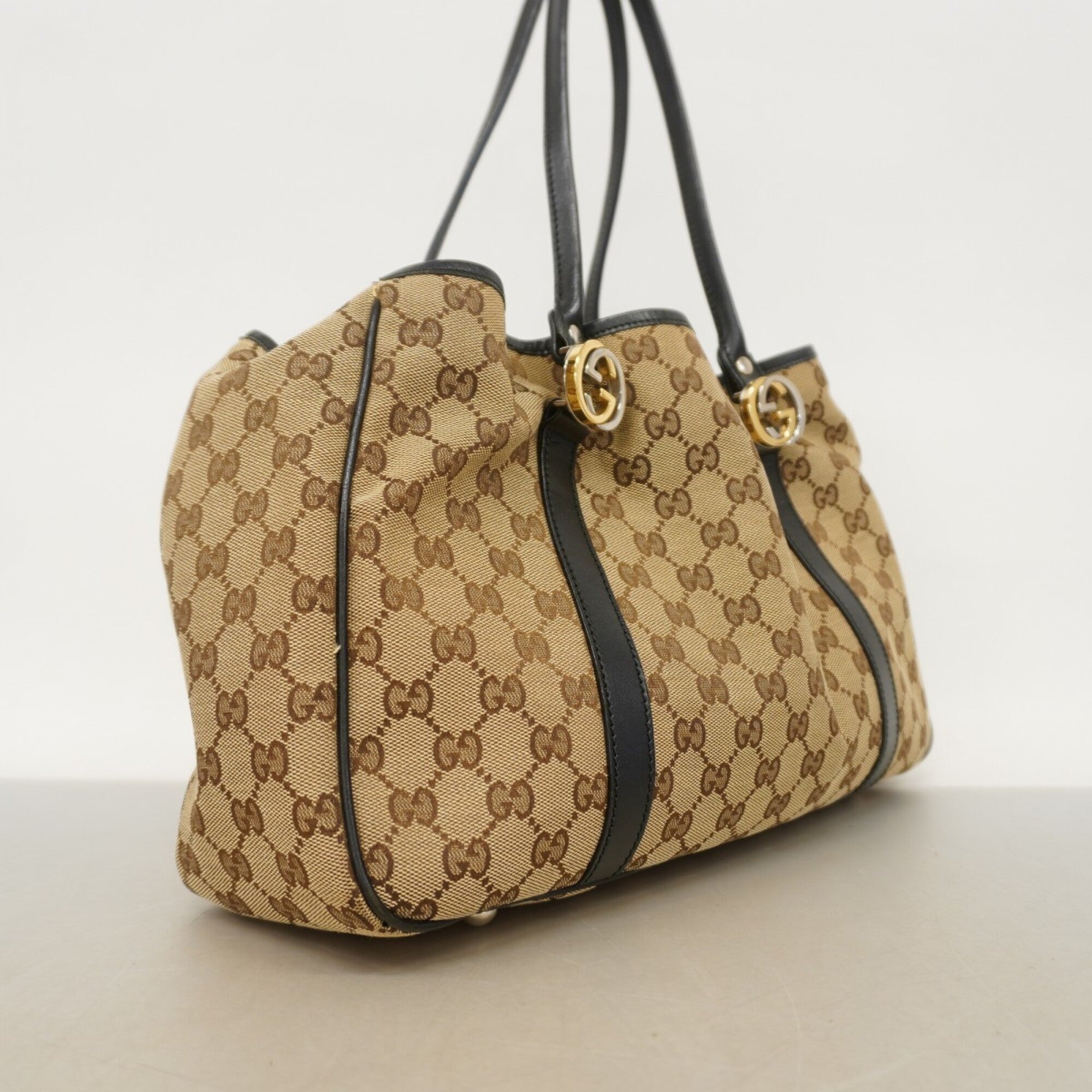 Gucci Beige Black Canvas Tote Bag (Pre-Owned)