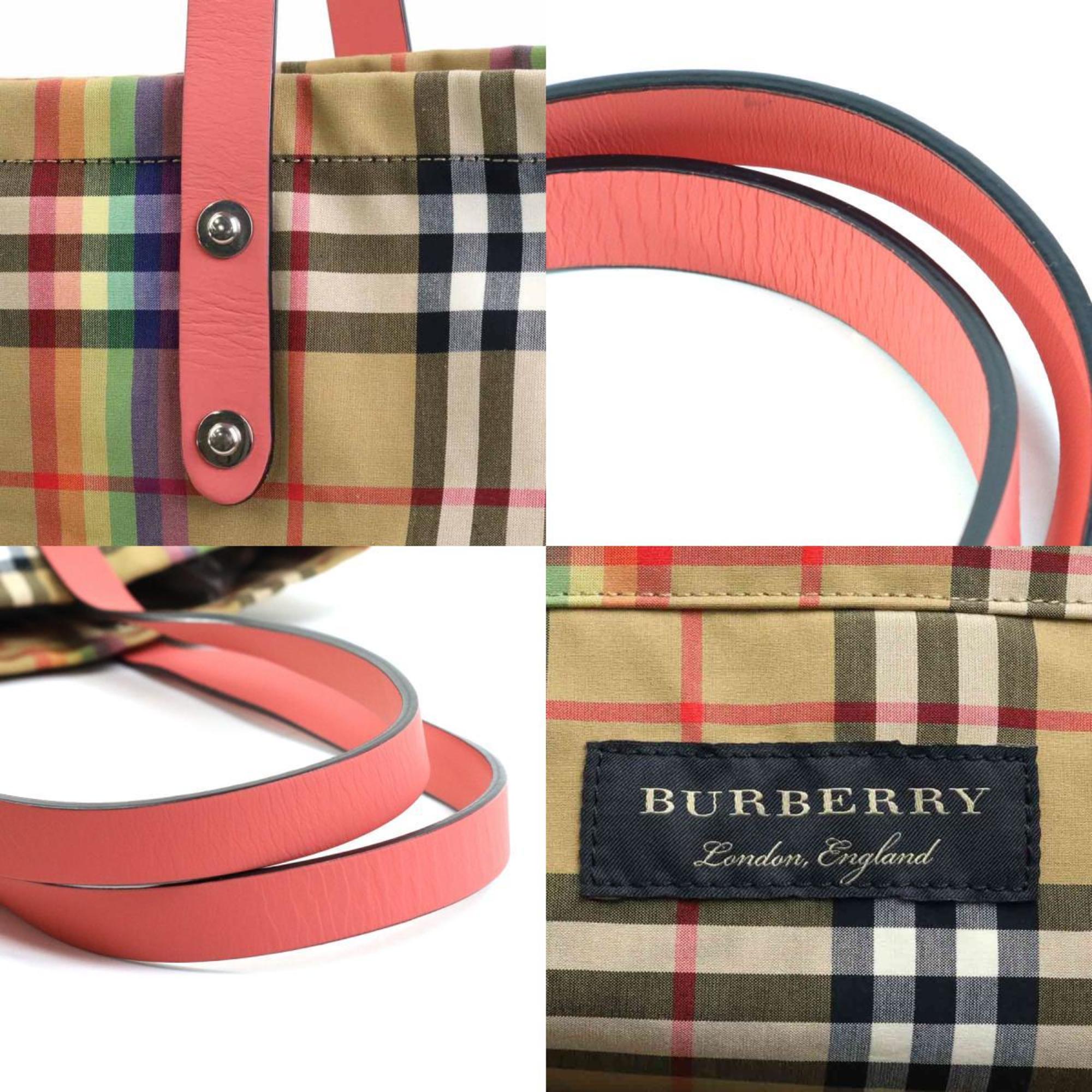 Burberry Beige Pink Cotton Leather Shoulder Bag Tote Bag (Pre-Owned)