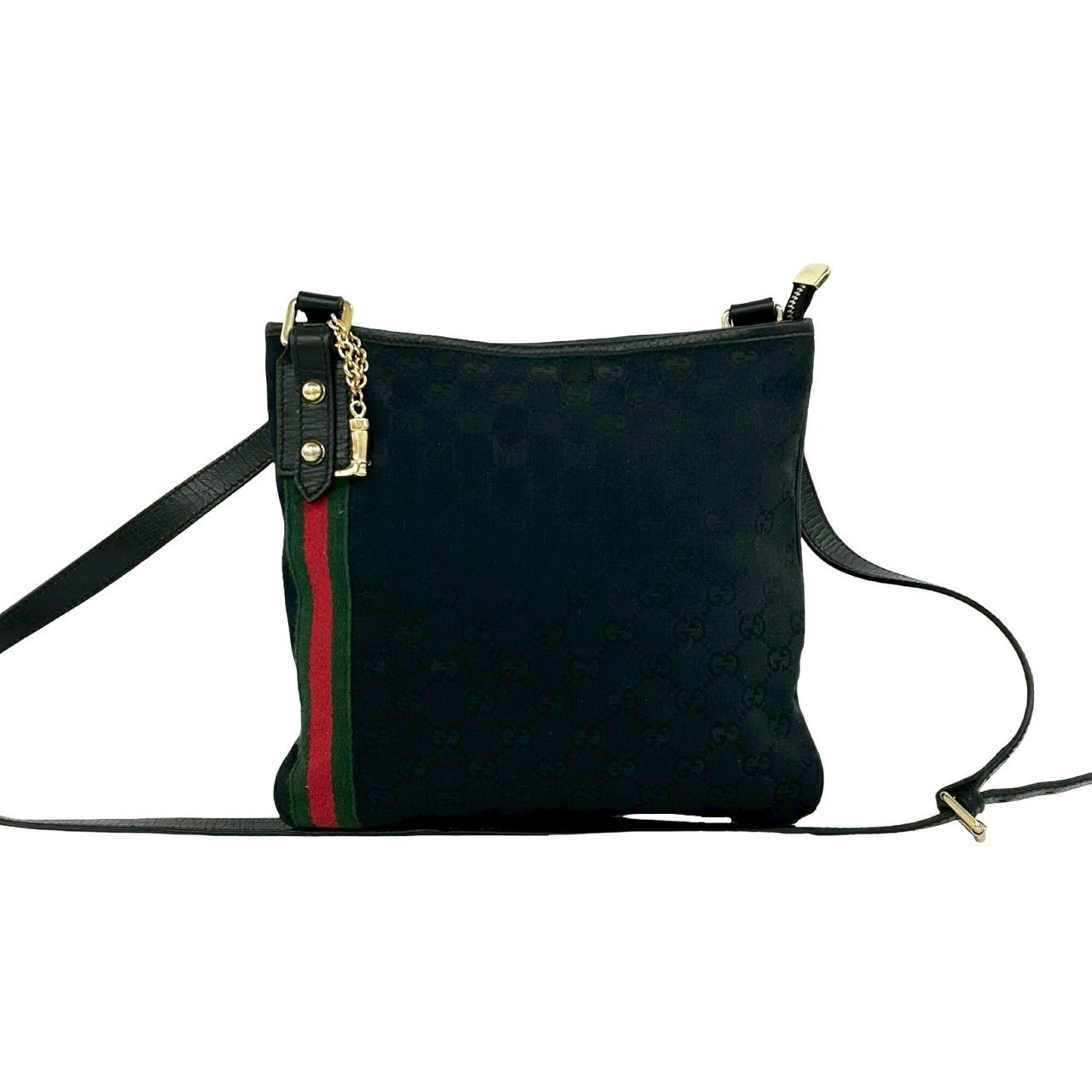 Gucci Black Green Red Color Canvas Leather Pochette Shoulder Bag (Pre-Owned)