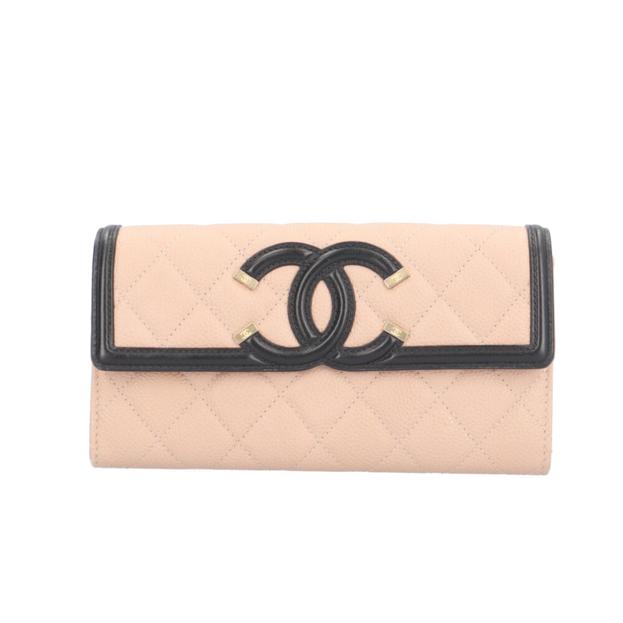 Chanel Beige Black Grained Calfskin Long Wallet (Bi-Fold) (Pre-Owned)