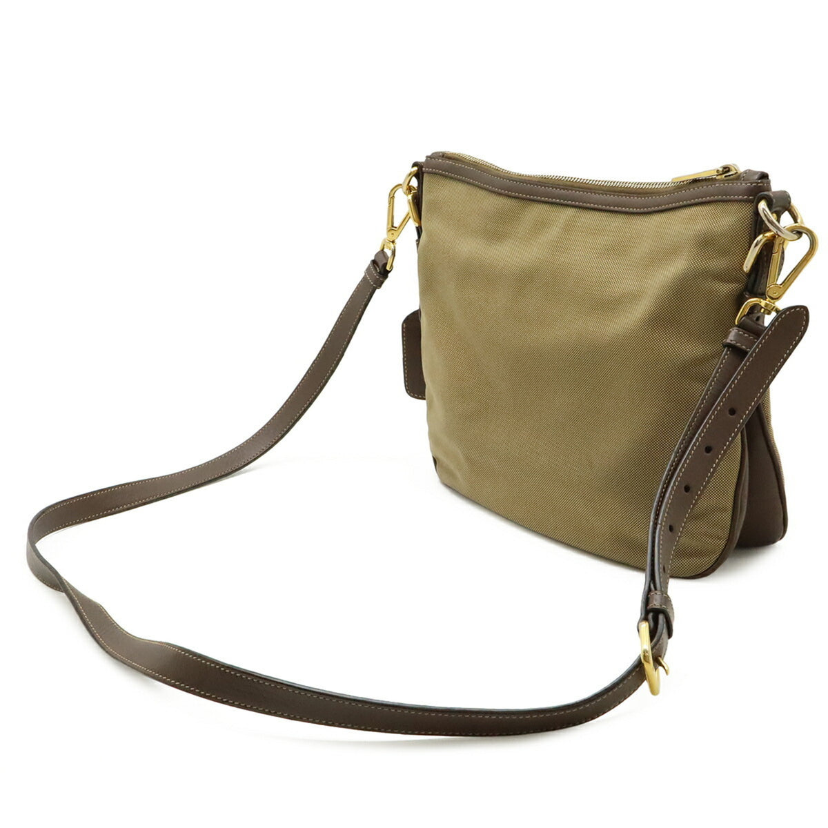 Prada Beige Dark Brown Khaki Canvas Leather Clutch Bag Shoulder Bag (Pre-Owned)
