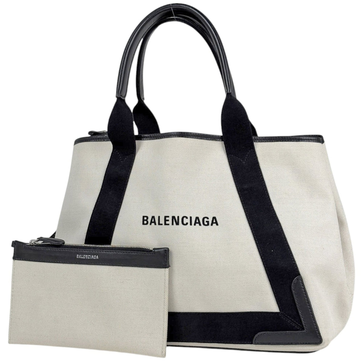 Balenciaga Black Navy Canvas Leather Tote Bag (Pre-Owned)