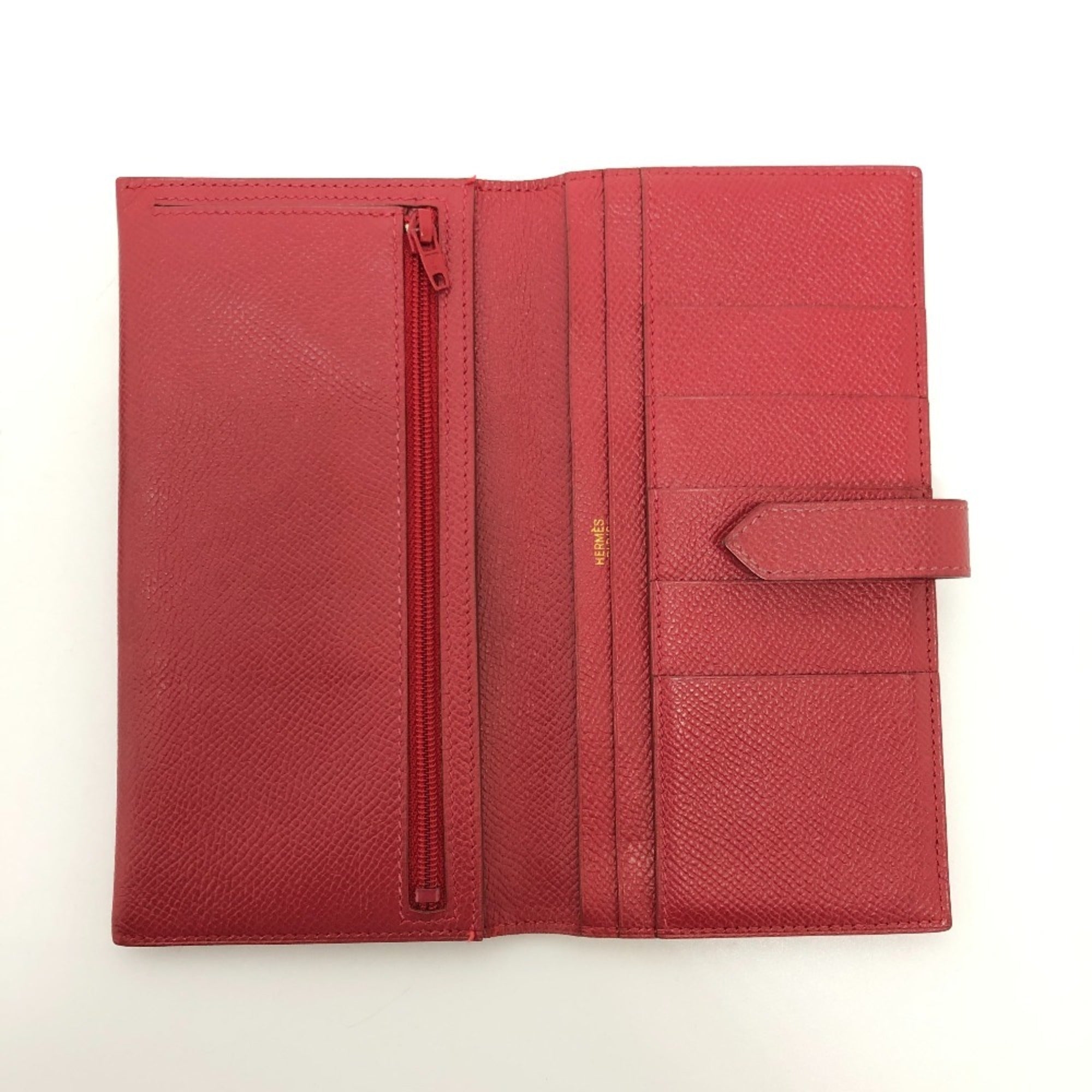 Hermes Red Color Courchevel Leather Long Wallet (Bi-Fold) (Pre-Owned)