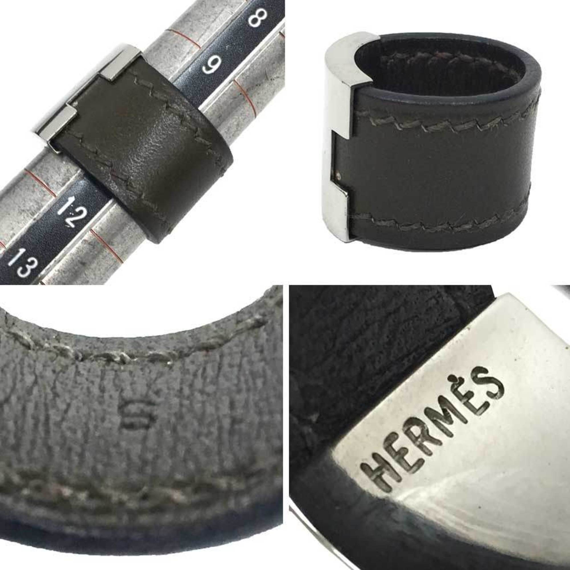 Hermes Khaki Silver Brass Leather Band Ring (Pre-Owned)