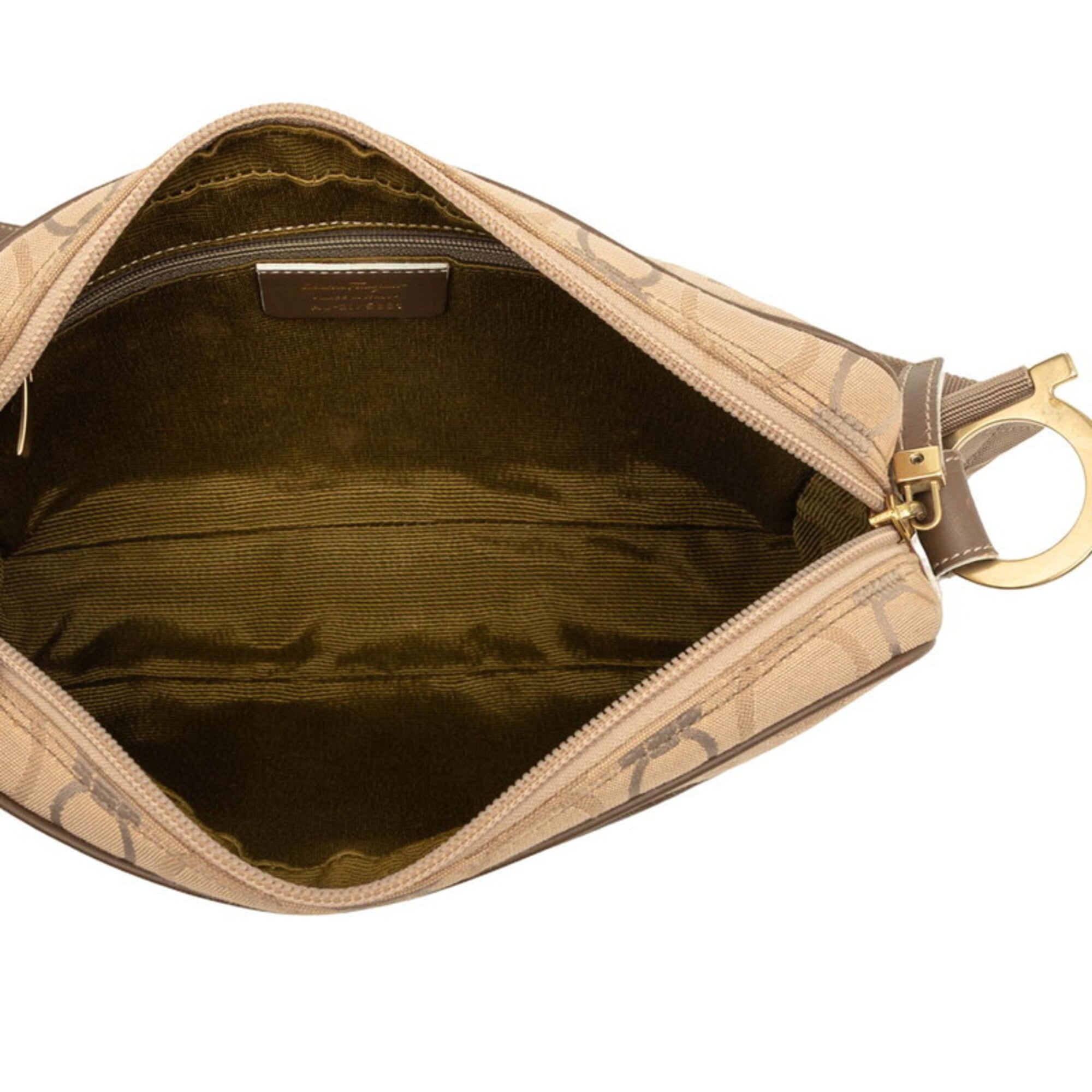 Salvatore Ferragamo Gancini Beige Brown Canvas Leather Shoulder Bag (Pre-Owned)