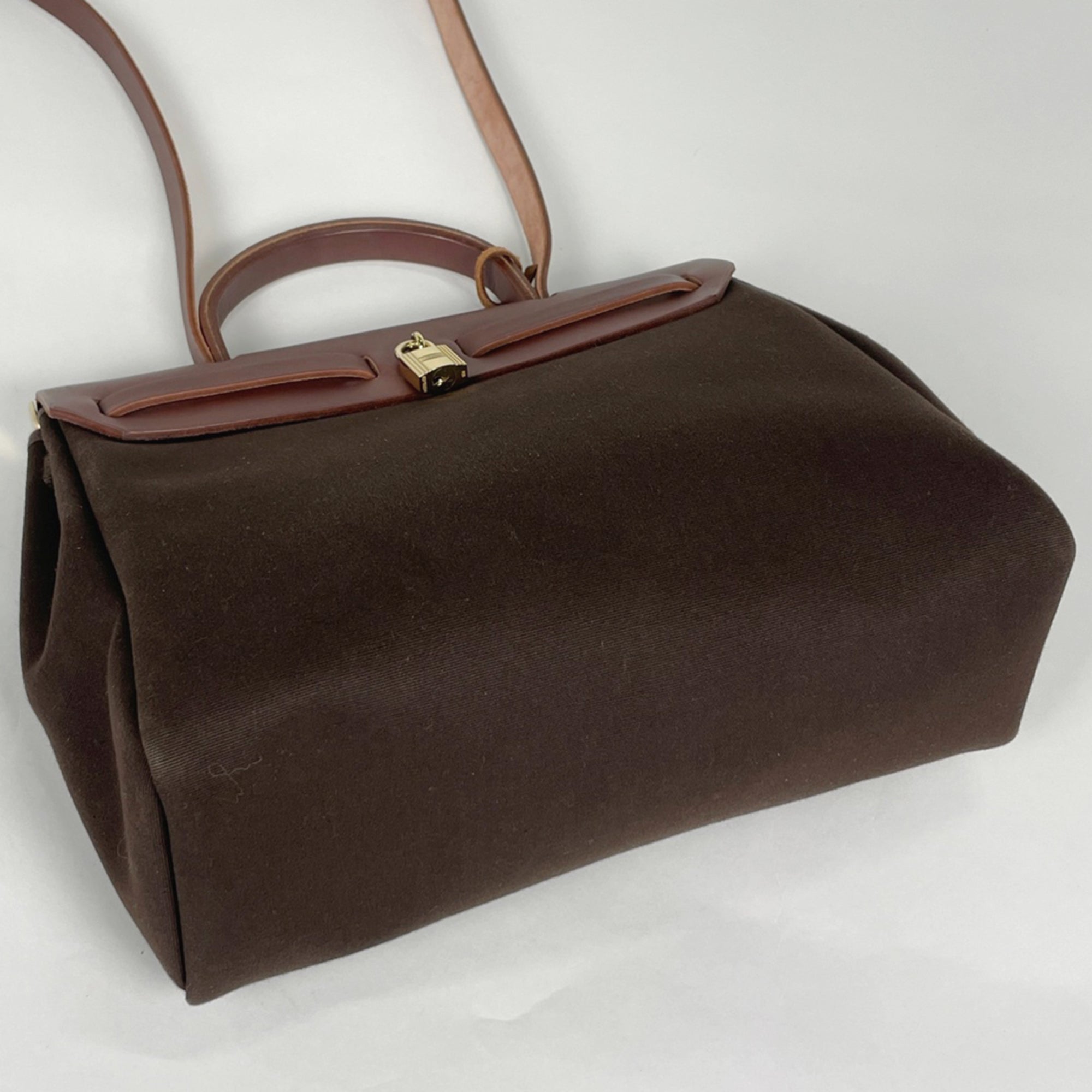 Hermes Her Bag Havane Toile Officier Toile H Vache Leather Handbag (Pre-Owned)