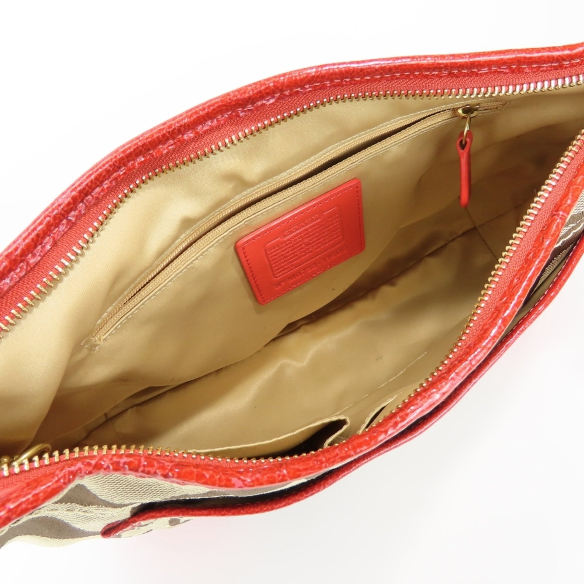 Coach Signature Beige Pink Red Color Canvas Leather Shoulder Bag (Pre-Owned)