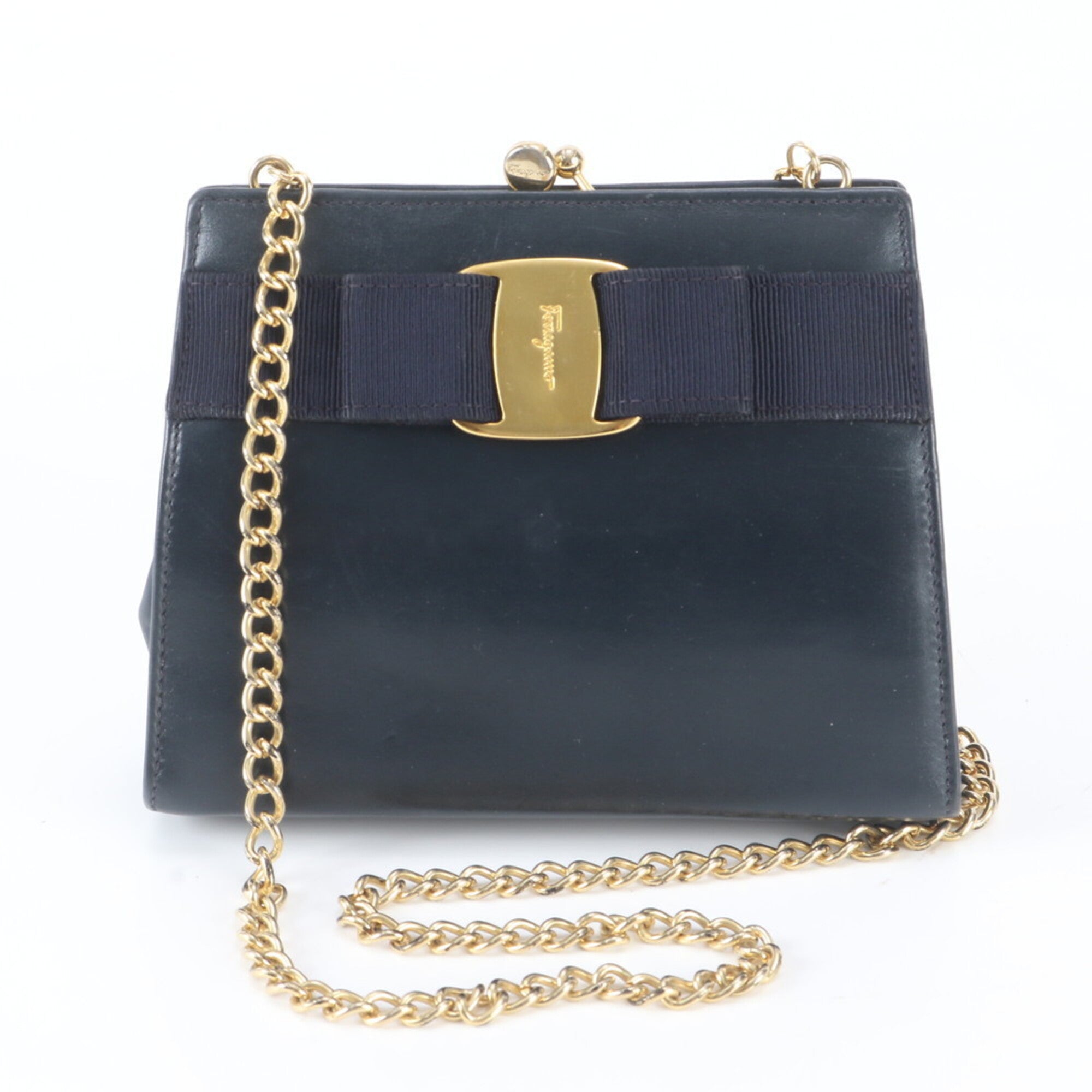 Salvatore Ferragamo Vara Navy Leather Shoulder Bag (Pre-Owned)