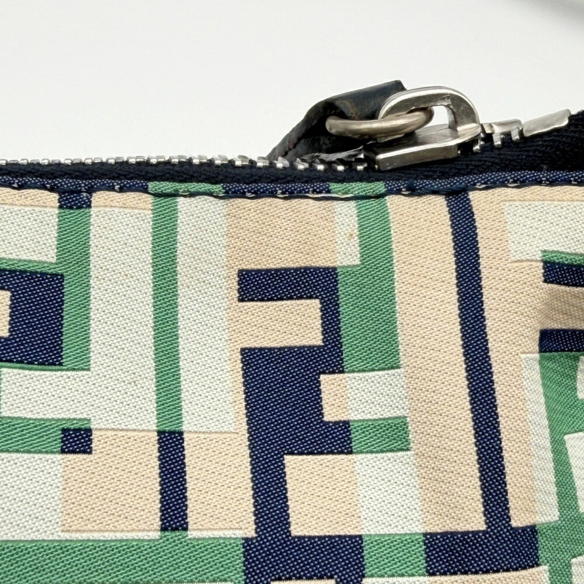 Fendi Beige Green Ivory Navy Zucca Nylon Canvas Leather Shoulder Bag (Pre-Owned)