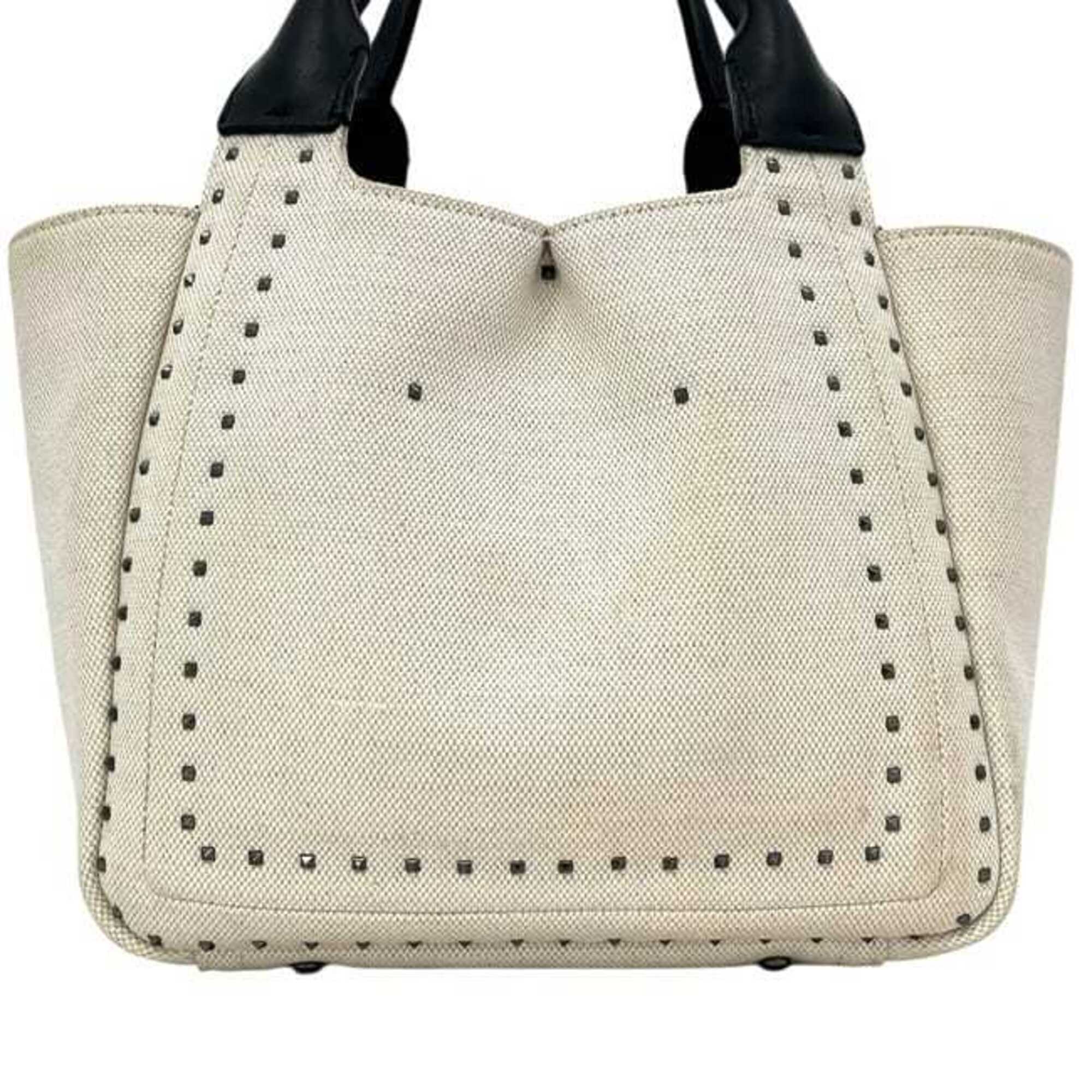 Valentino Garavani Beige Black Canvas Leather Handbag Shoulder Bag (Pre-Owned)