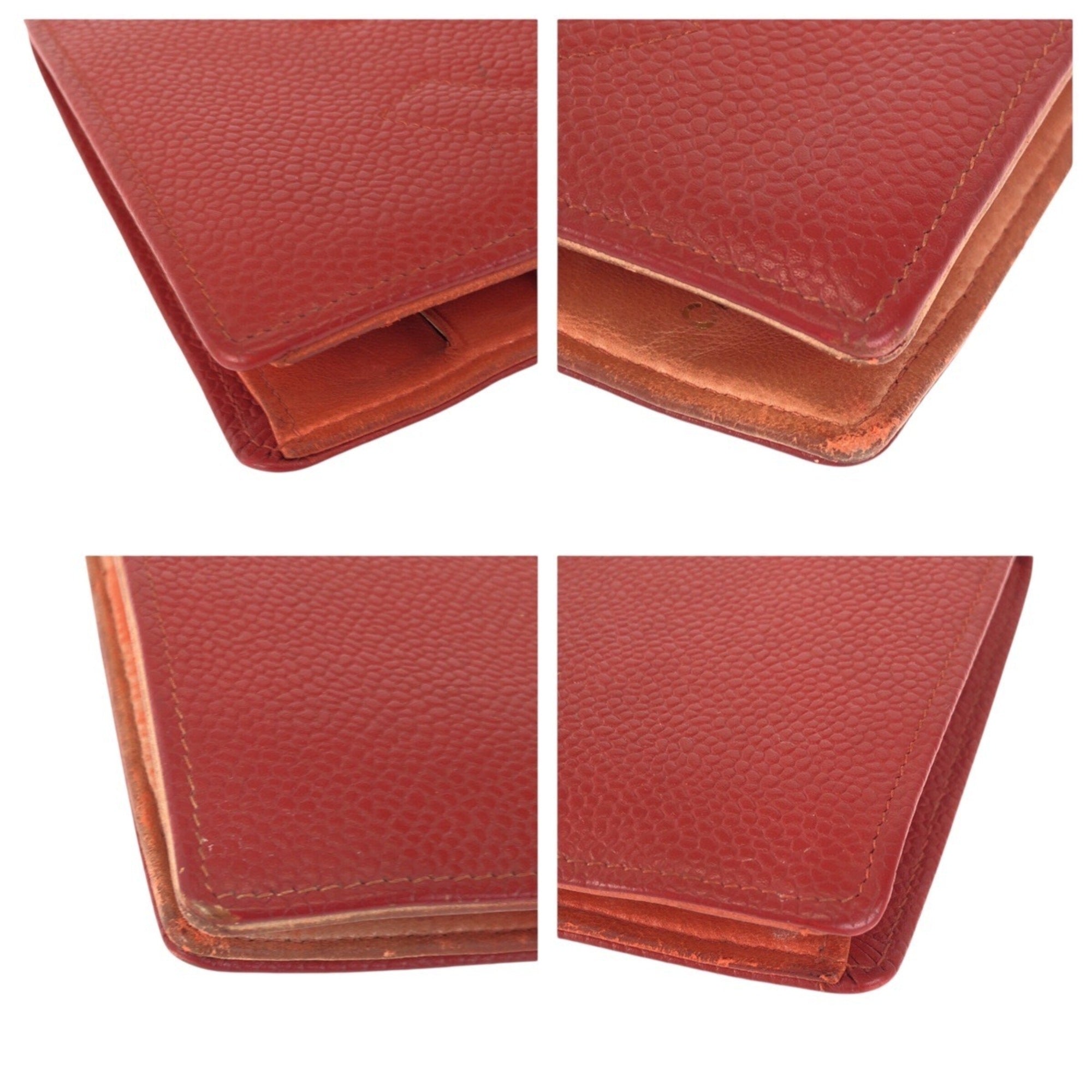 Chanel Red Color Grained Calfskin Middle Wallet (Bi-Fold) (Pre-Owned)