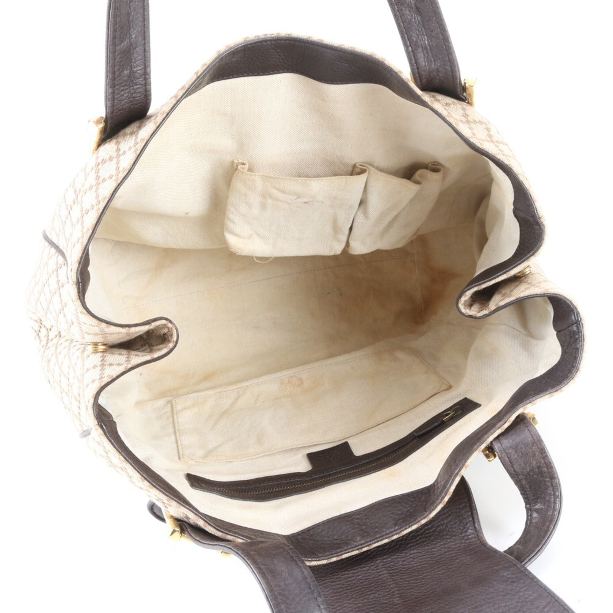 Gucci Beige Brown Leather Canvas Handbag Shoulder Bag Tote Bag (Pre-Owned)