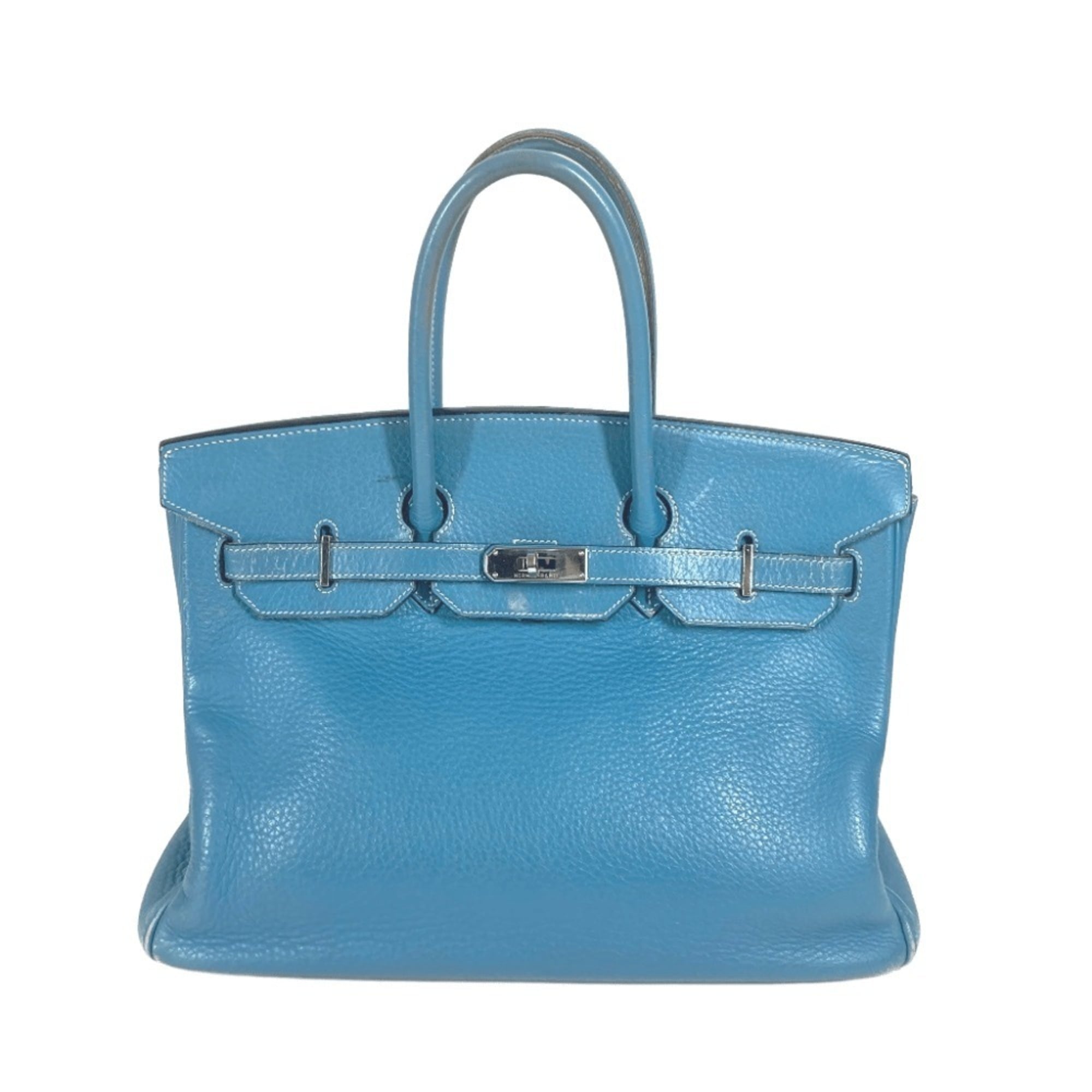 Hermes Birkin Blue Taurillon Clemence Leather Handbag Tote Bag (Pre-Owned)
