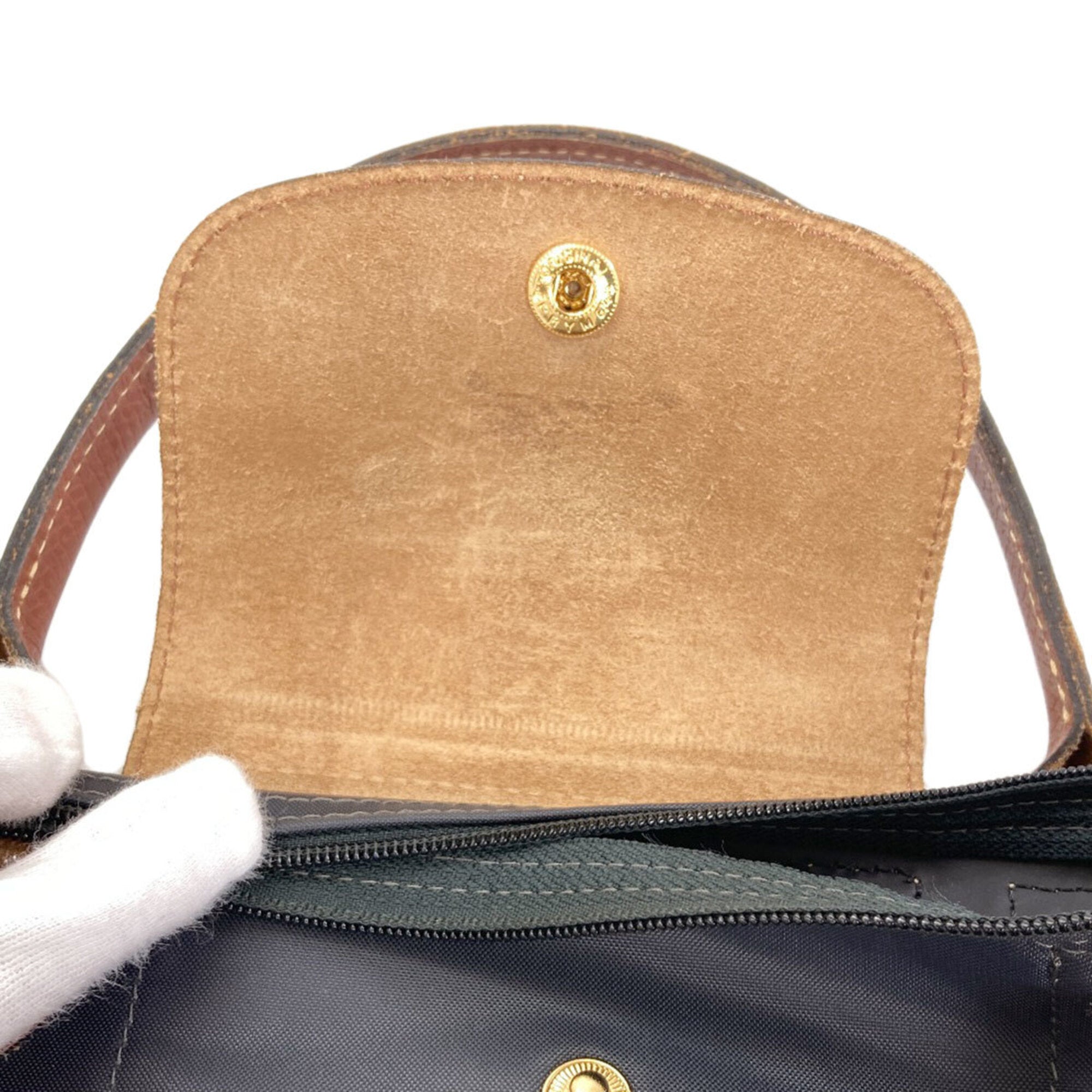 Longchamp Le Pliage Brown Gray Nylon Leather Handbag (Pre-Owned)