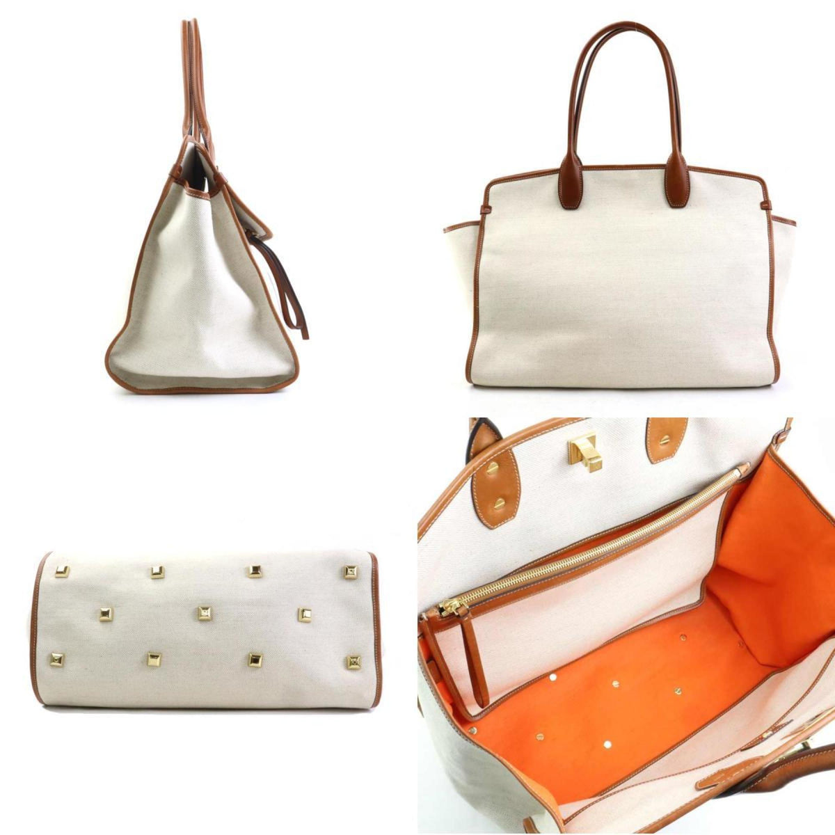Salvatore Ferragamo Brown Ivory Canvas Leather Handbag (Pre-Owned)