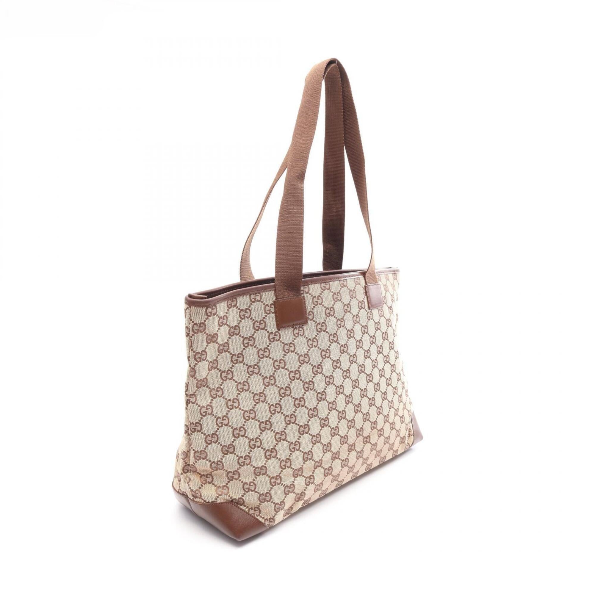 Gucci Beige Brown Leather Canvas Handbag Tote Bag (Pre-Owned)