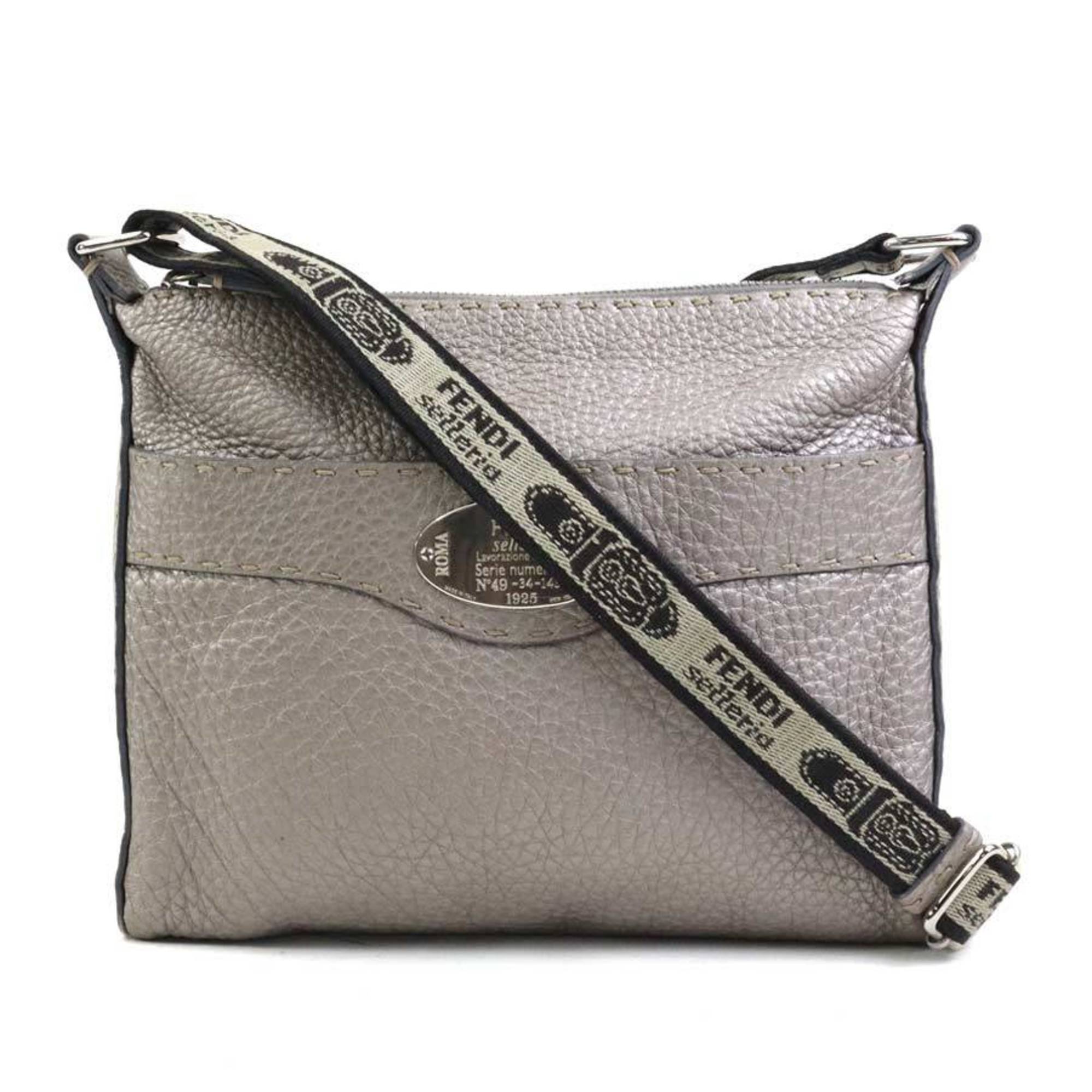 Fendi Metallic Gray Leather Canvas Shoulder Bag (Pre-Owned)