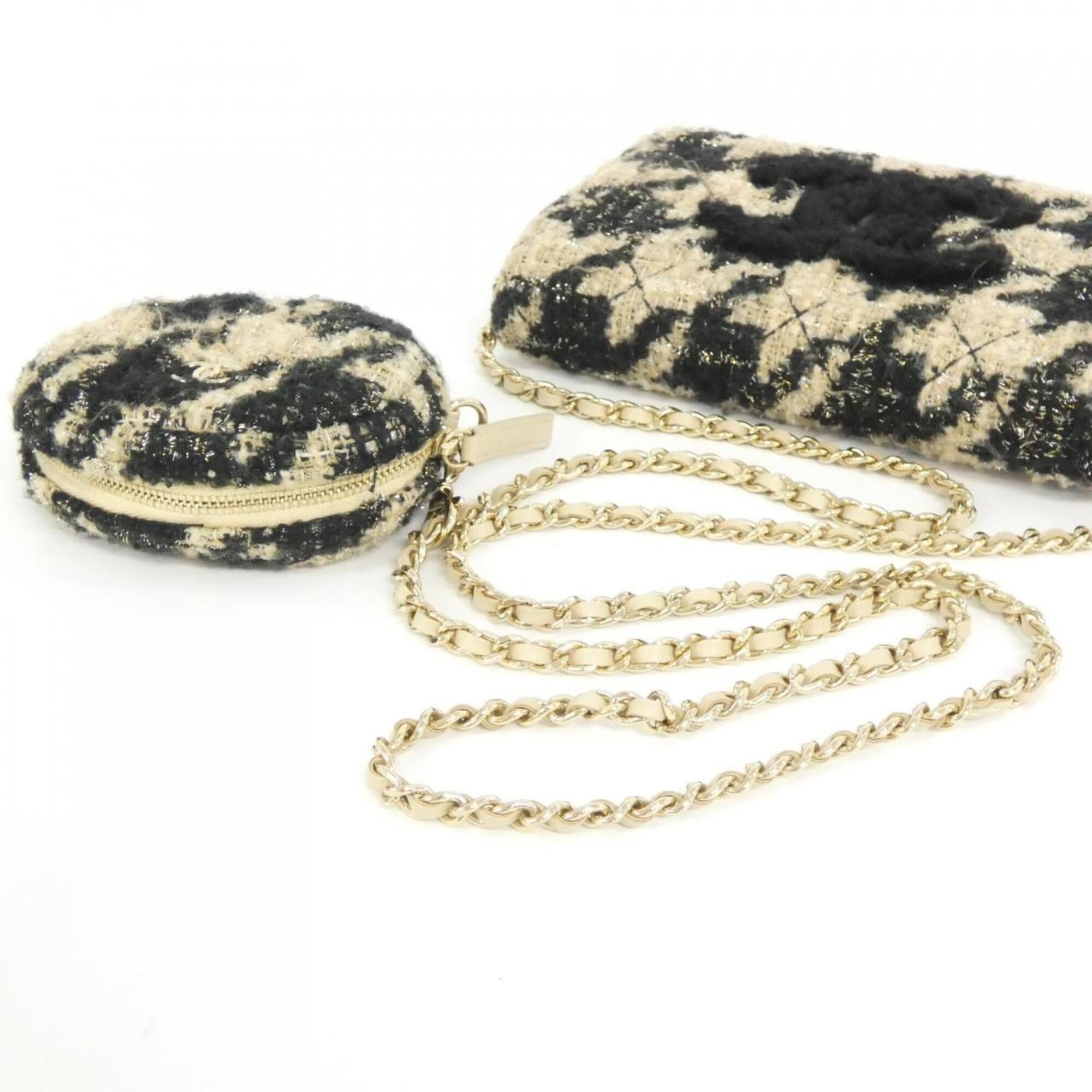Chanel Gold Beige Black Tweed Chain/Shoulder Wallet (Pre-Owned)