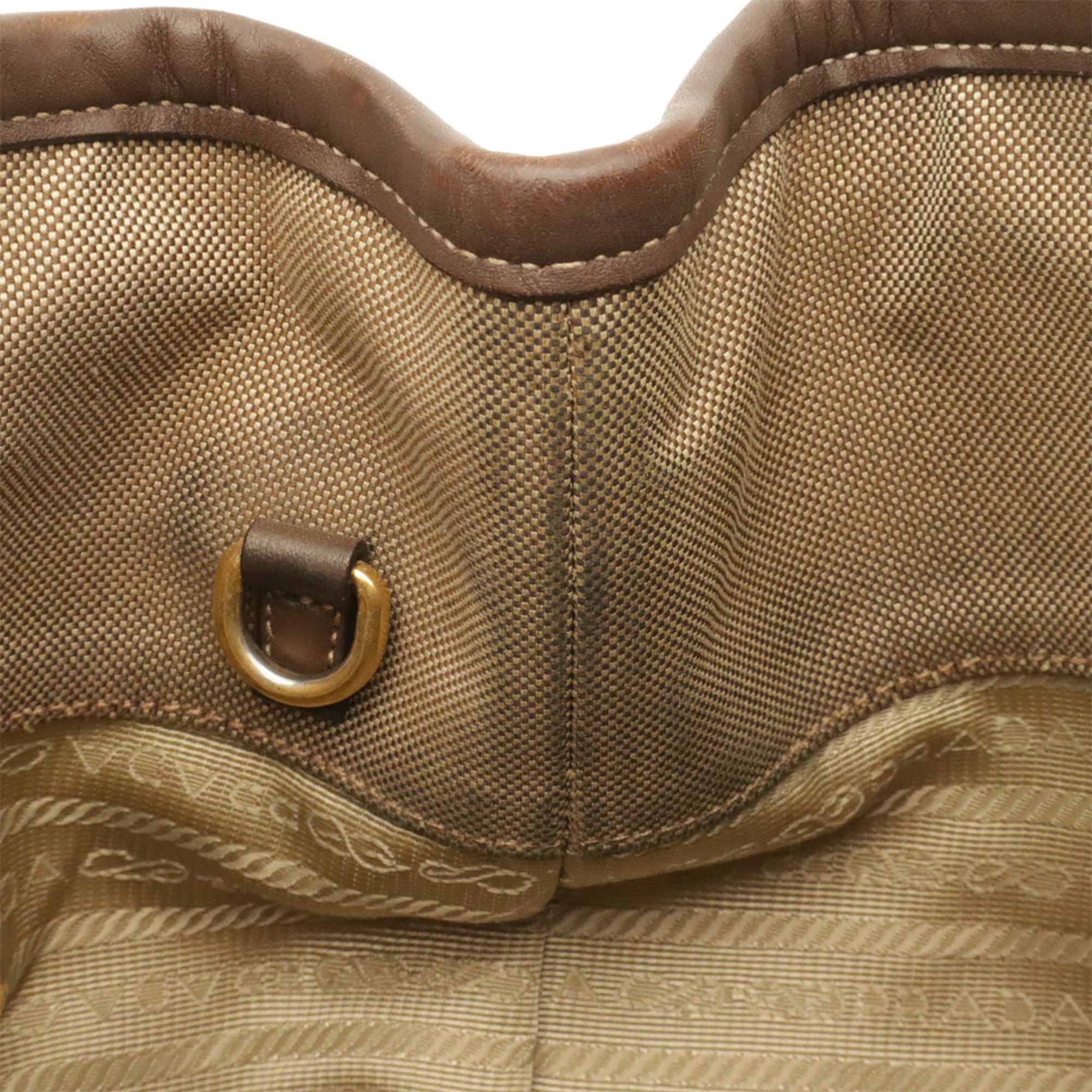 Prada Beige Brown Khaki Canvas Leather Handbag Shoulder Bag Tote Bag (Pre-Owned)
